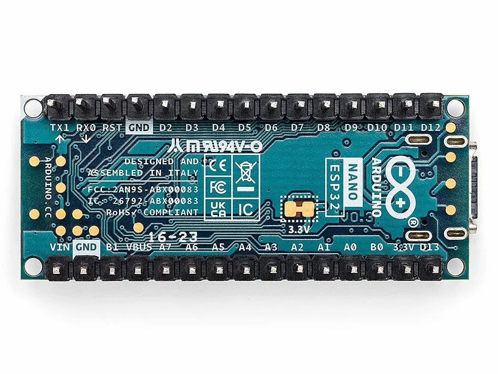 Arduino Nano ESP32 with Headers [ABX00083] - Scheda compatta con microcontrollore ESP32, WiFi e Bluetooth integrati, ideale per progetti IoT, automazione e applicazioni connesse con Arduino IDE.