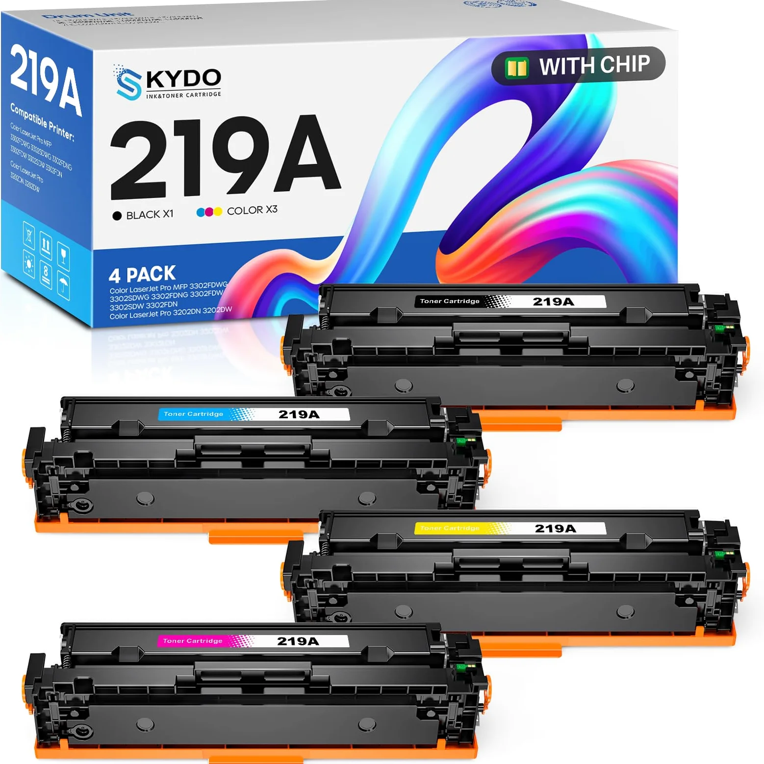 Toner 219A CON CHIP Compatibile con Toner HP 219A W2190A W2191A W2192A W2193A Compatibile con HP Color LaserJet Pro MFP 3302fdw 3302fdn 3302sdw 3302sdwg LaserJet Pro 3202dw 3202dn, 4Pack