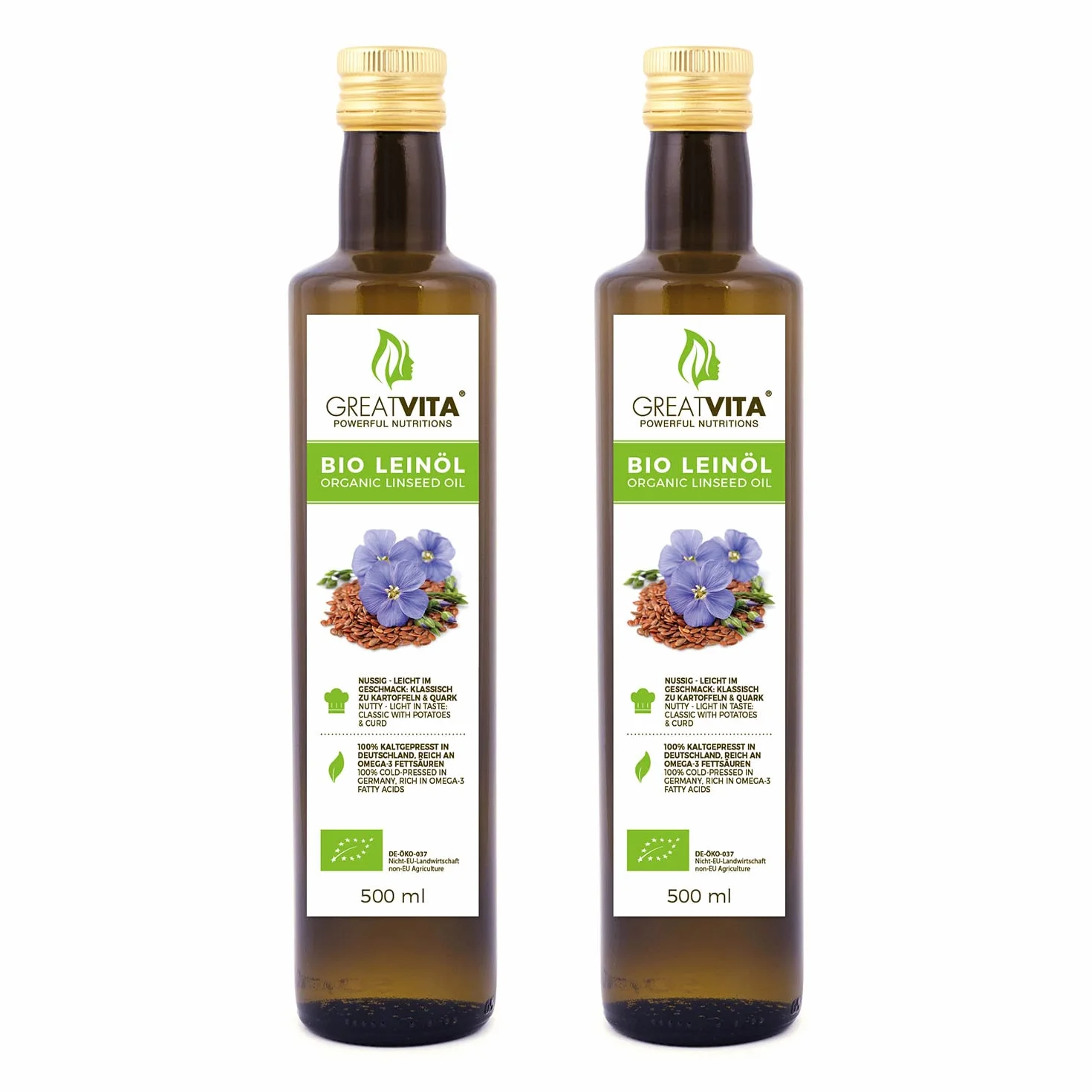 MeaVita Olio di lino biologico 100% puro spremuto a freddo 2x500ml vetro