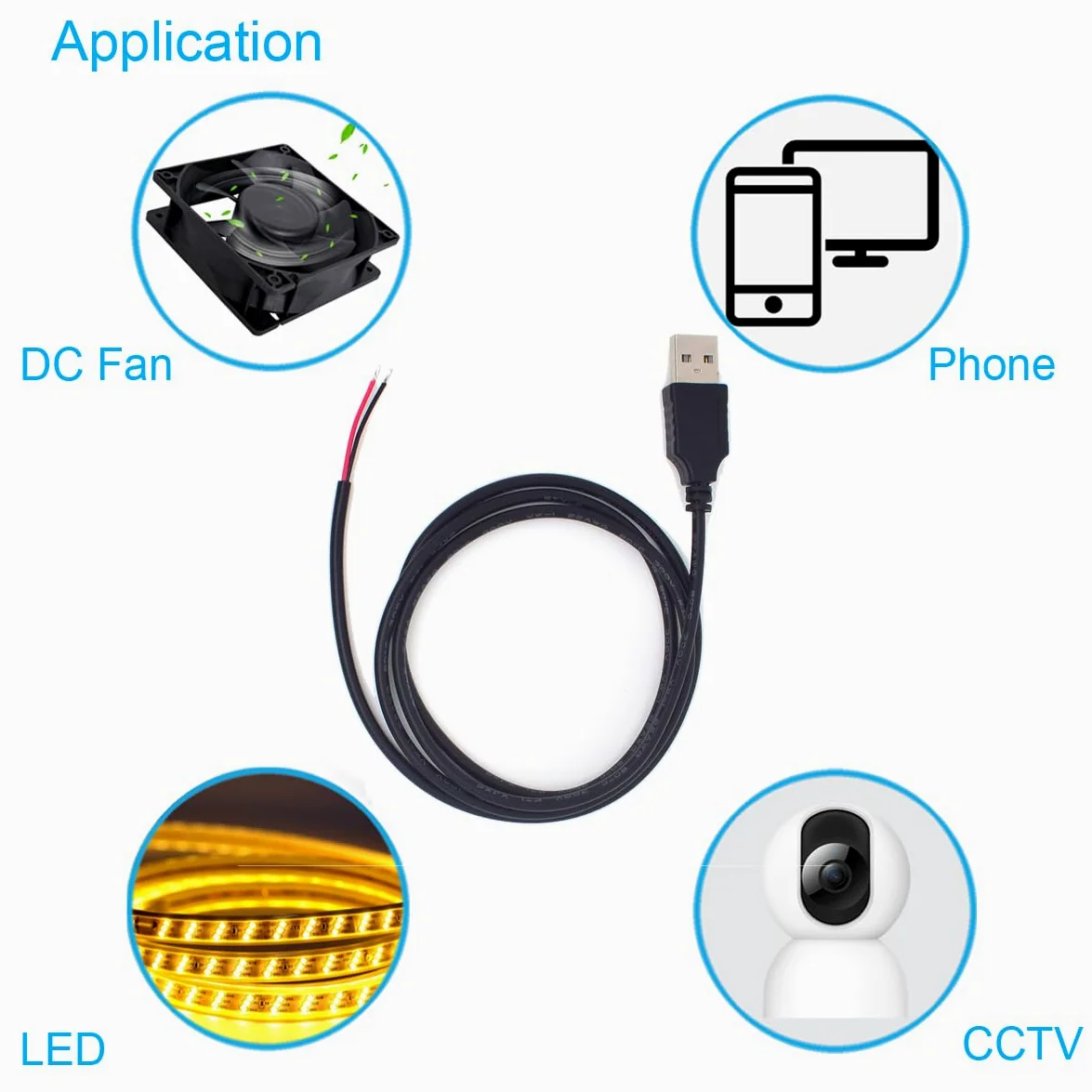 5 cavi USB a spirale a 2 fili, 22 AWG, 1 m, USB 2.0 maschio, 2 pin, filo nudo 5 V 3 A, 2 nuclei, cavo di prolunga con estremità aperta, con connettore a molla a 2 posizioni (USB maschio)