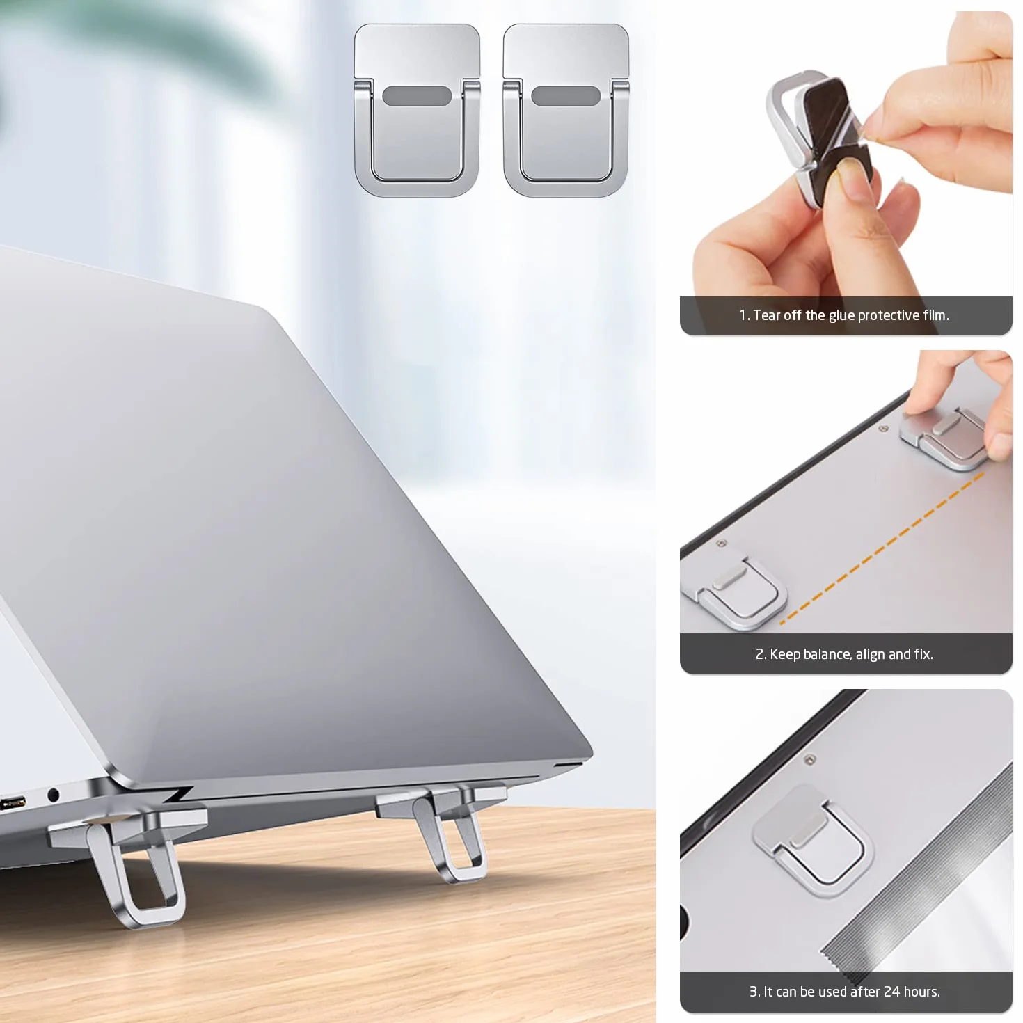 Supporto per computer portatile 2 pezzi, pieghevole, adesivo, ergonomico e invisibile, compatibile con molti computer portatili (argento)