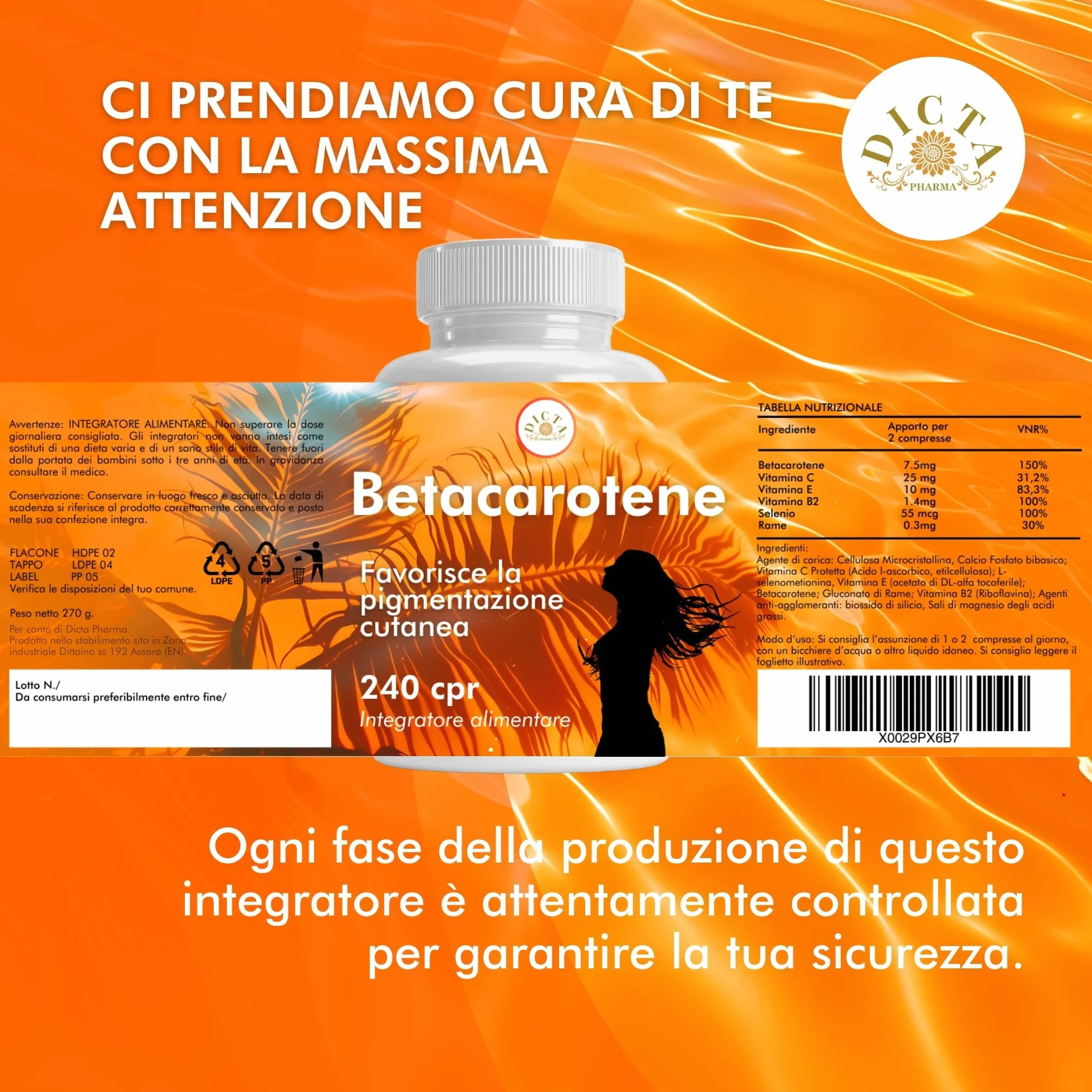 Betacarotene 240 Compresse Abbronzatura Forte con Vitamina C E B2 Selenio Rame Integratore Sole Pelle Made in Italy