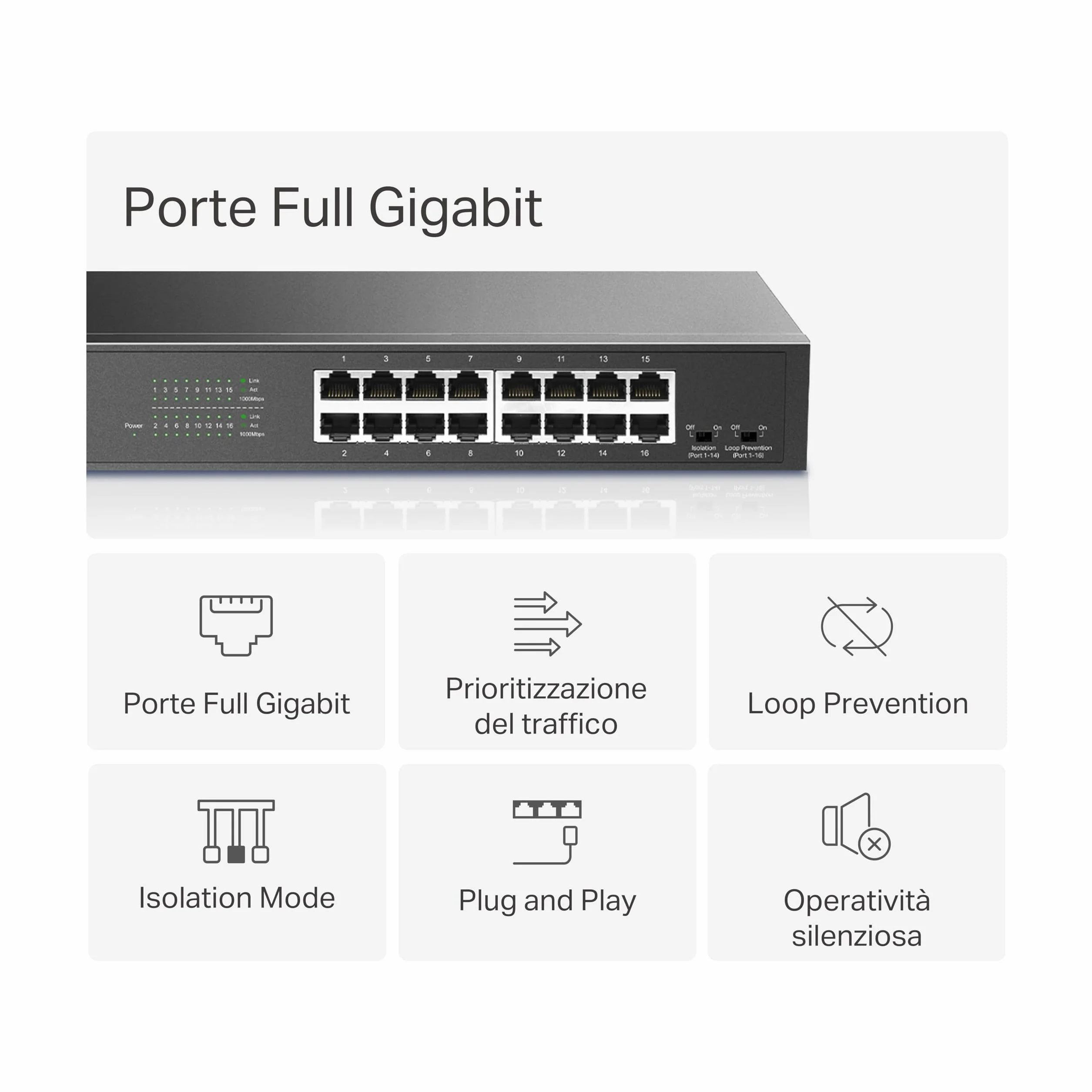 TP-Link Mercusys MS116GS Switch Gigabit 16 Porte, Montaggio Desktop o Rack, Plug & Play, Priorità del Traffico, Prevenzione Loop, Modalità di Isolamento, Funzionamento Silenzioso, Case in Metallo