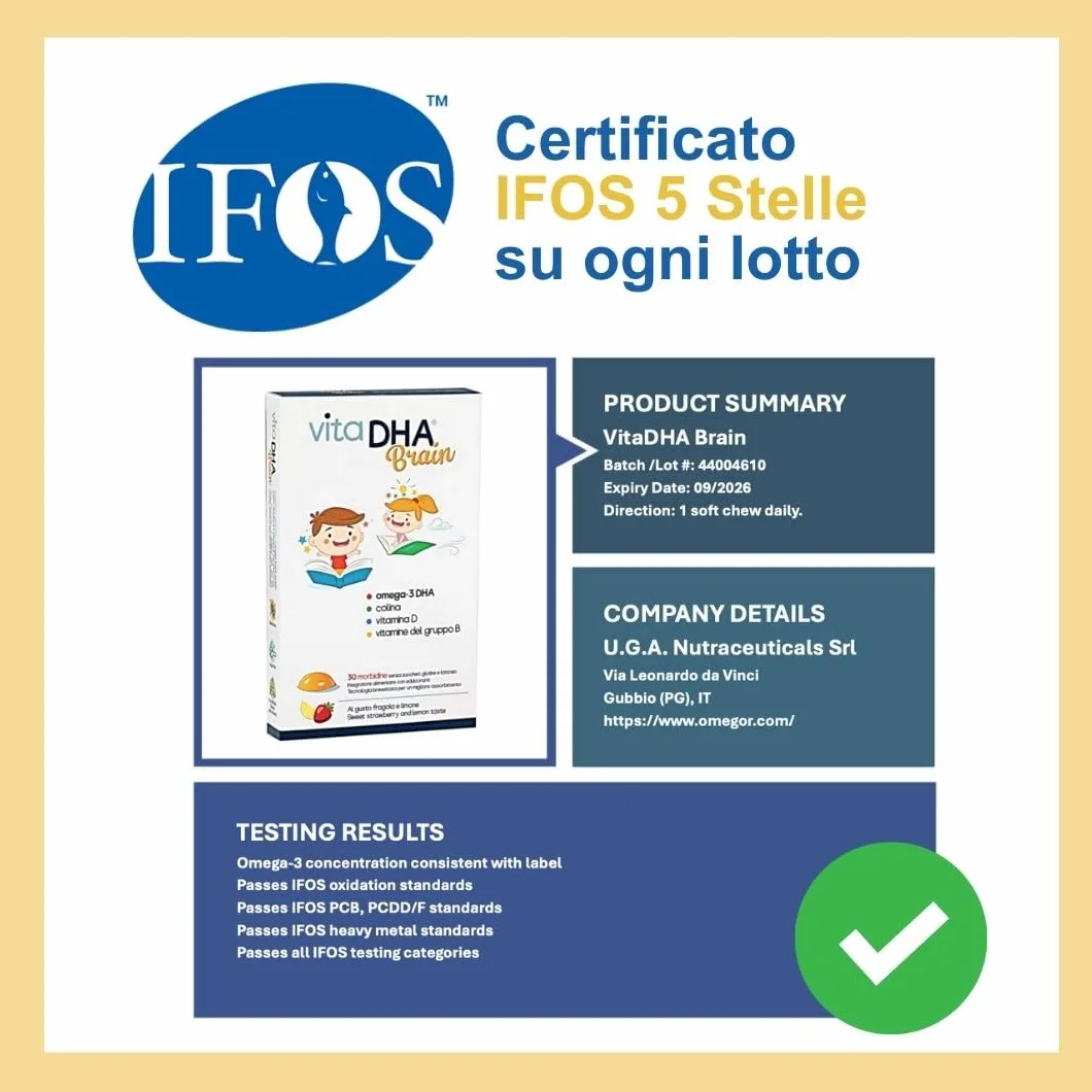 VitaDHA Brain Omega 3 Bambini 3+ Anni IFOS 5 Stelle 30 Jelly Morbide Gusto Fragola e Limone Vitamina D3 e B