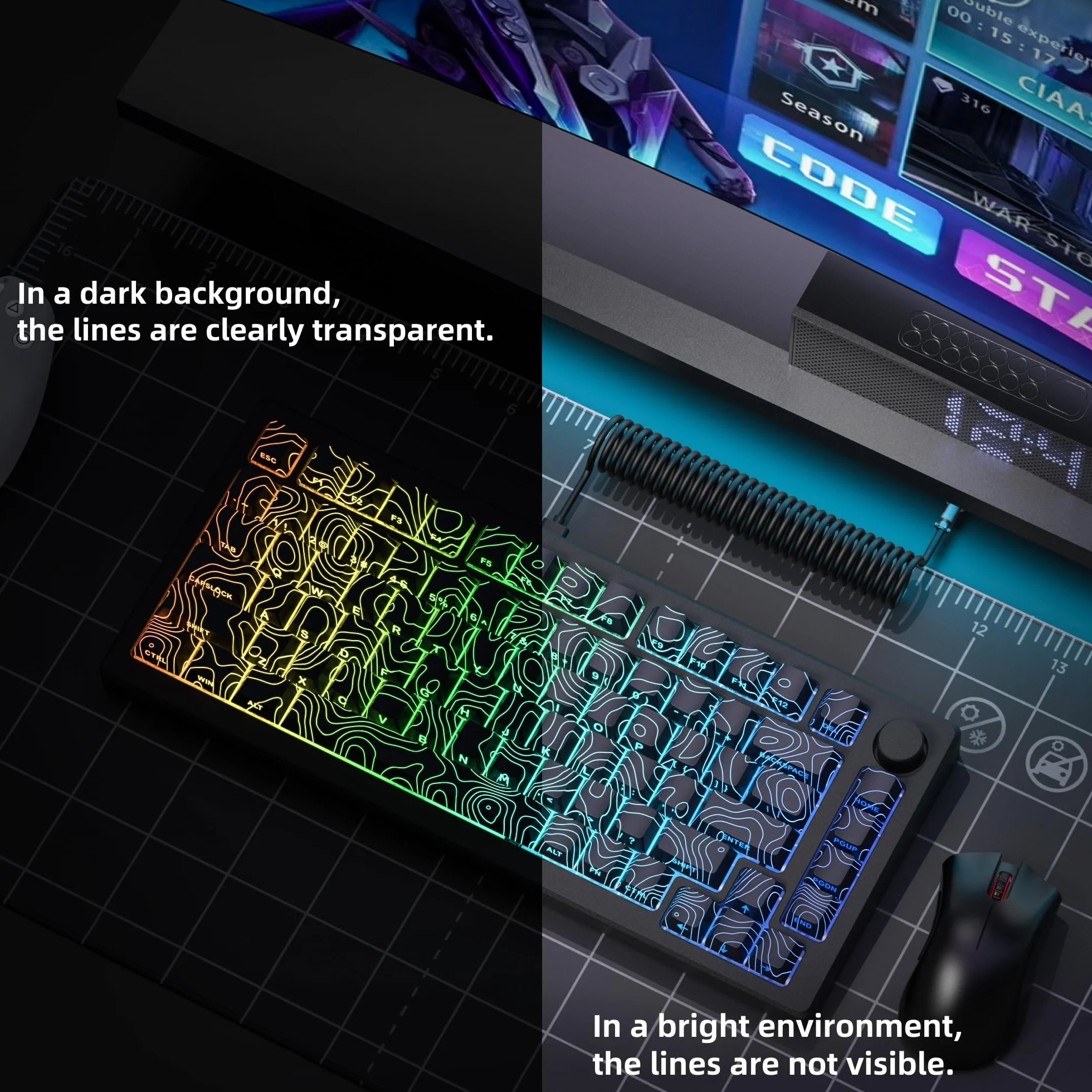 dagaladoo, Copritasti in PBT traslucidi con stampa laterale, 60–75–100%, linee retroilluminate, profilo Cherry, colore nero topografico (solo copritasti)