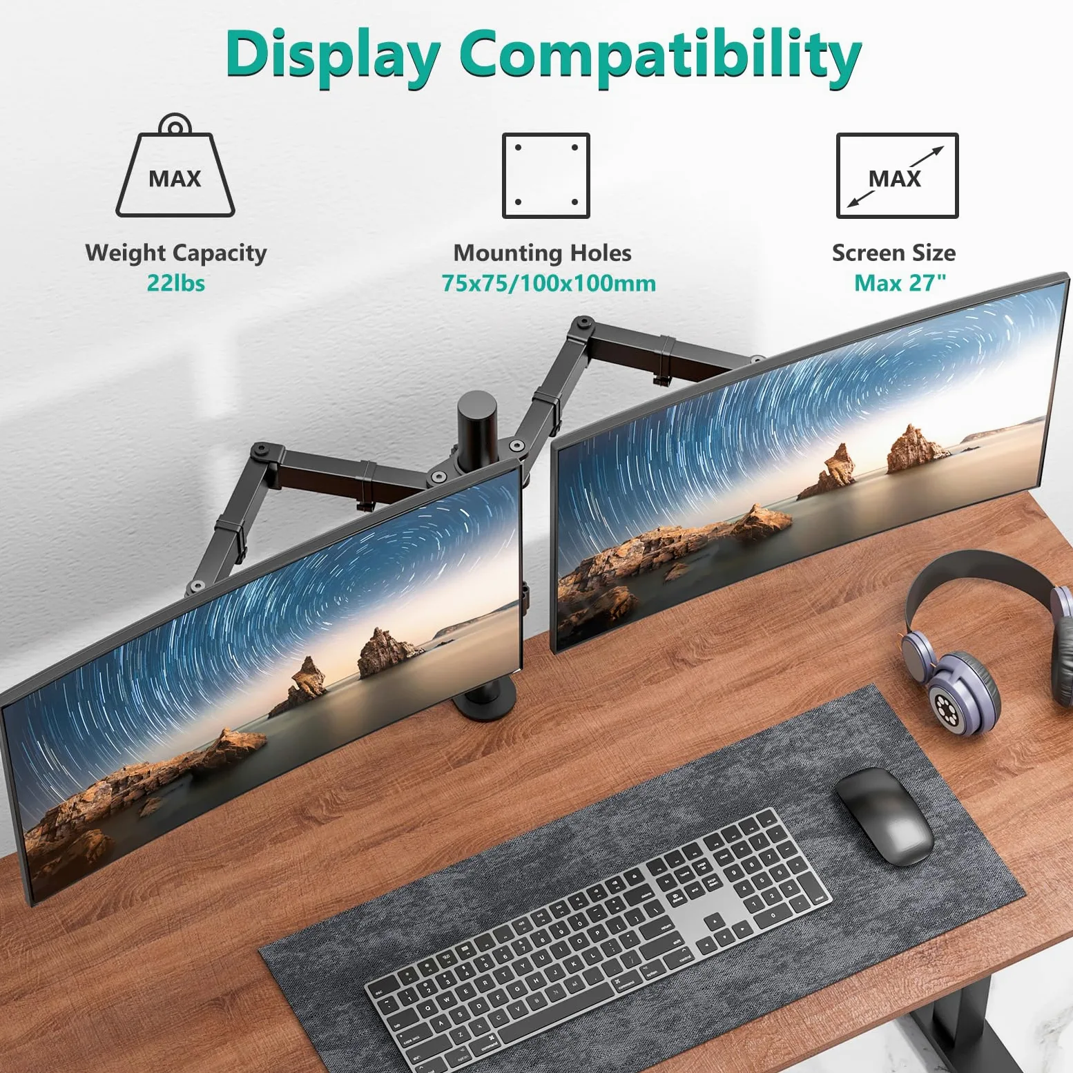 WALI Braccio Monitor Doppio per Schermi 13-27”, Supporto per Doppio Monitor con Morsetto Scrivania Supporto, Altezza Regolabile Inclinazione Girevole Ruotare - VESA 75/100mm(M002)