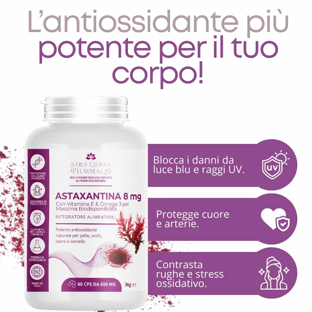 Salus Eterna Astaxantina 8mg 60 Capsule Integratore Antiossidante con Vitamina E e Omega 3