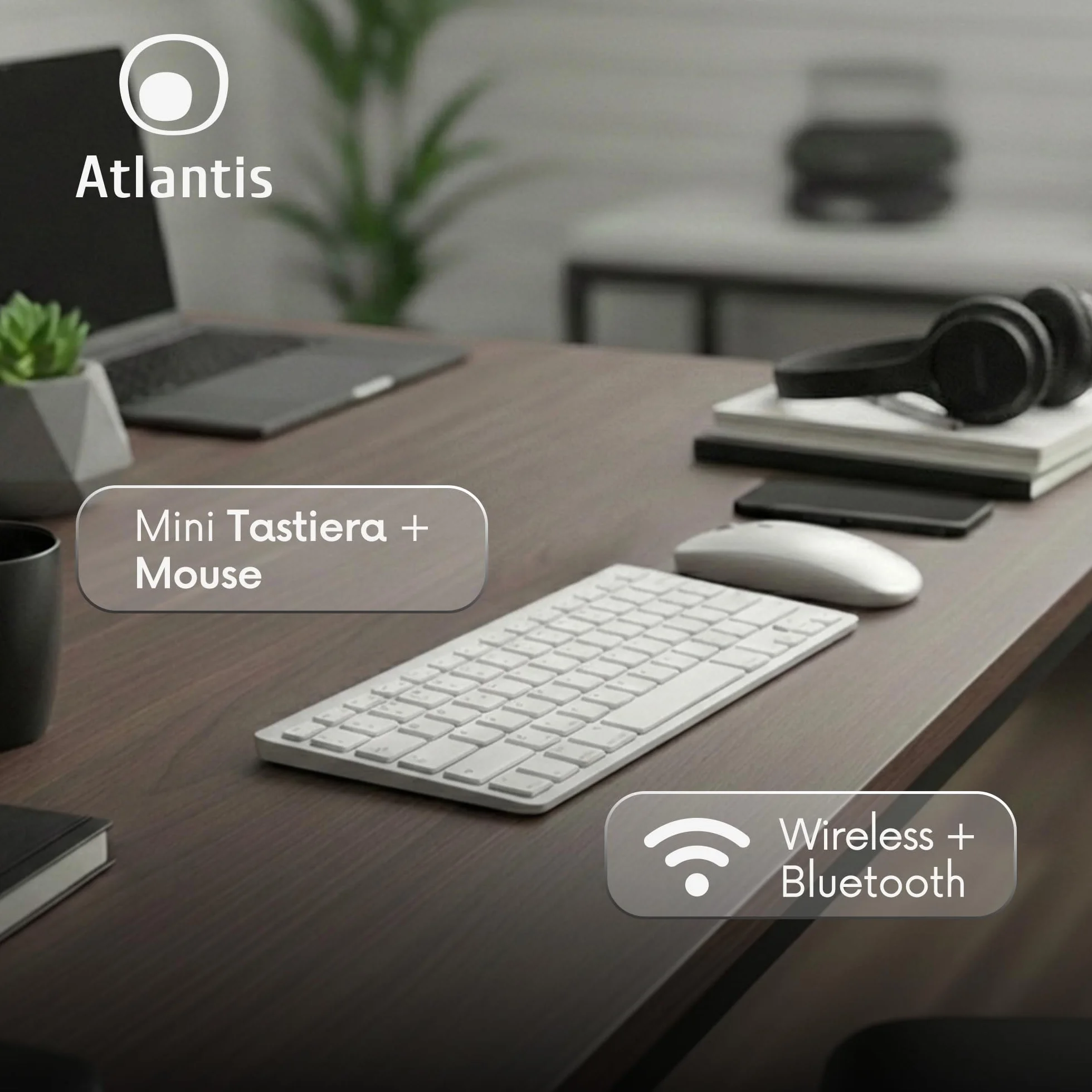 Atlantis ARGO 900Pro Combo KIT Mini Tastiera Ultraslim + Mouse - Wireless senza fili RF + Bluetooth, QWERTY 78 tasti “chocolate key”, per PC/Notebook/Smartphone/tablet/iOS/Android, Bianco