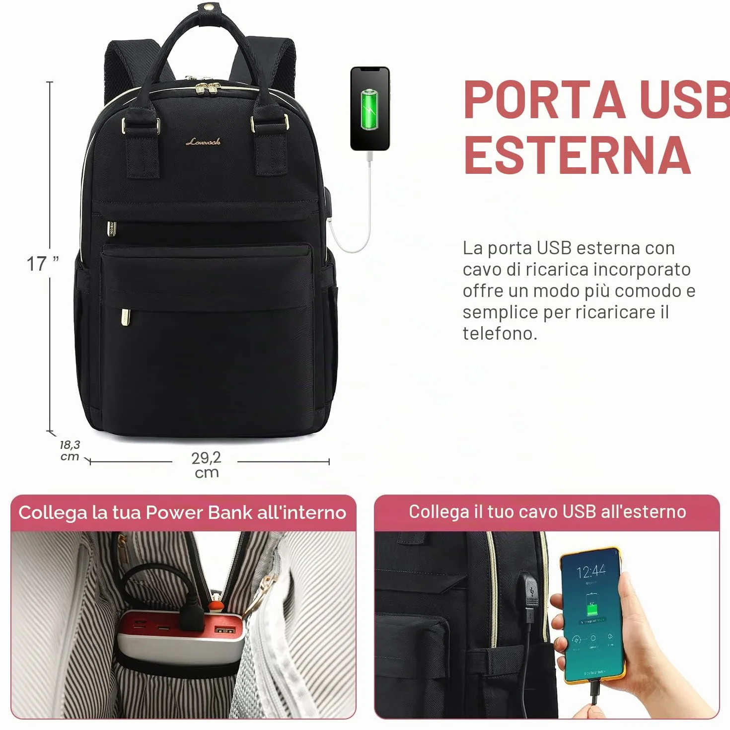 LOVEVOOK Zaino Porta PC Donna, 15,6 Pollici Impermeabile Computer Backpack Antifurto con Porta USB e Scomparto per Laptop per Scuola Università Viaggi Lavoro Aereo Ufficio, Nero