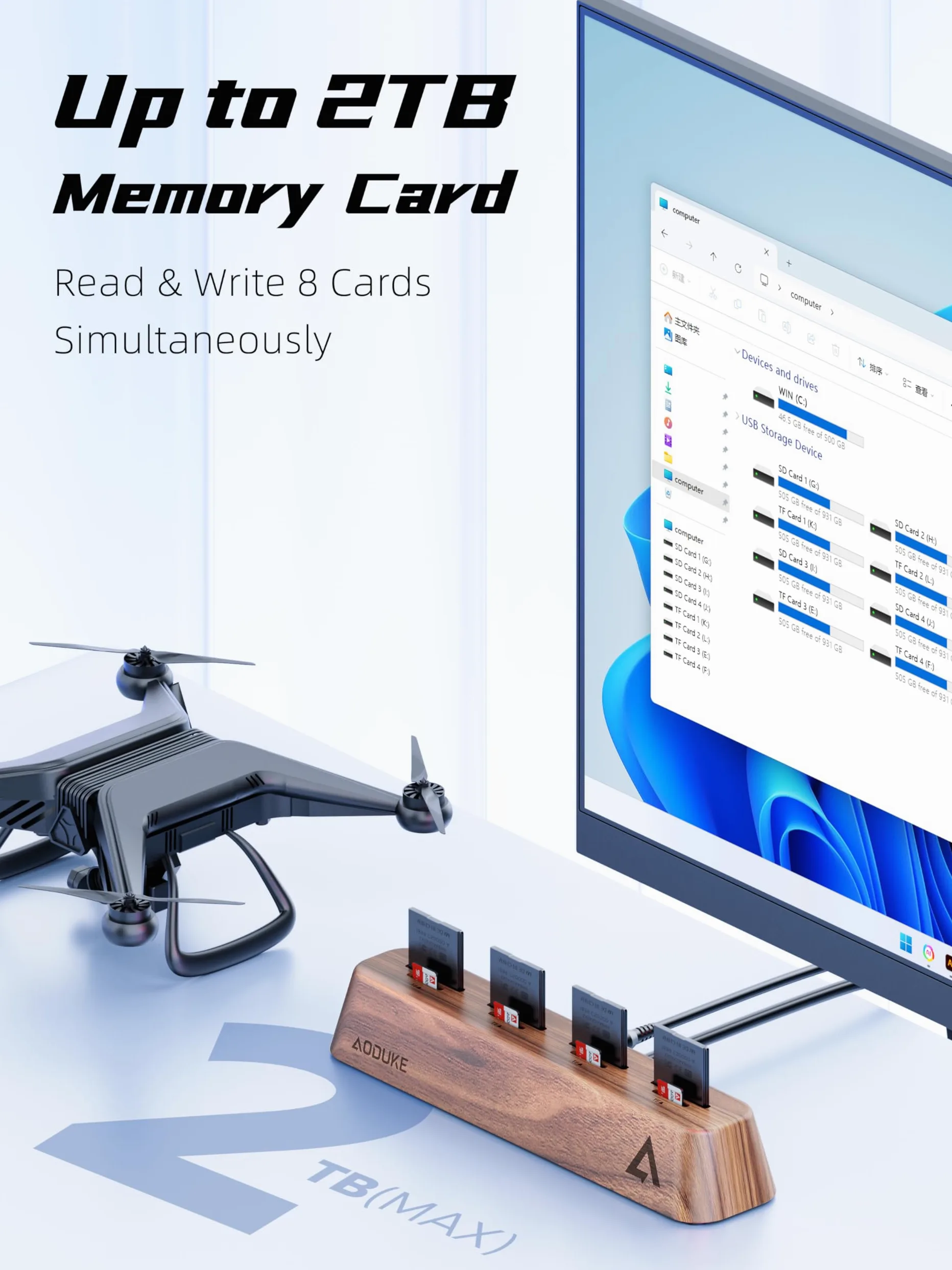 Lettore di schede SD USB 3.0 a 8 porte, design in legno di noce, dati da 5 Gbps, supporto simultaneo per schede Micro SD/TF3.0 e SD3.0, lettura e scrittura (compatibile UHS-I/II Card) AST43M