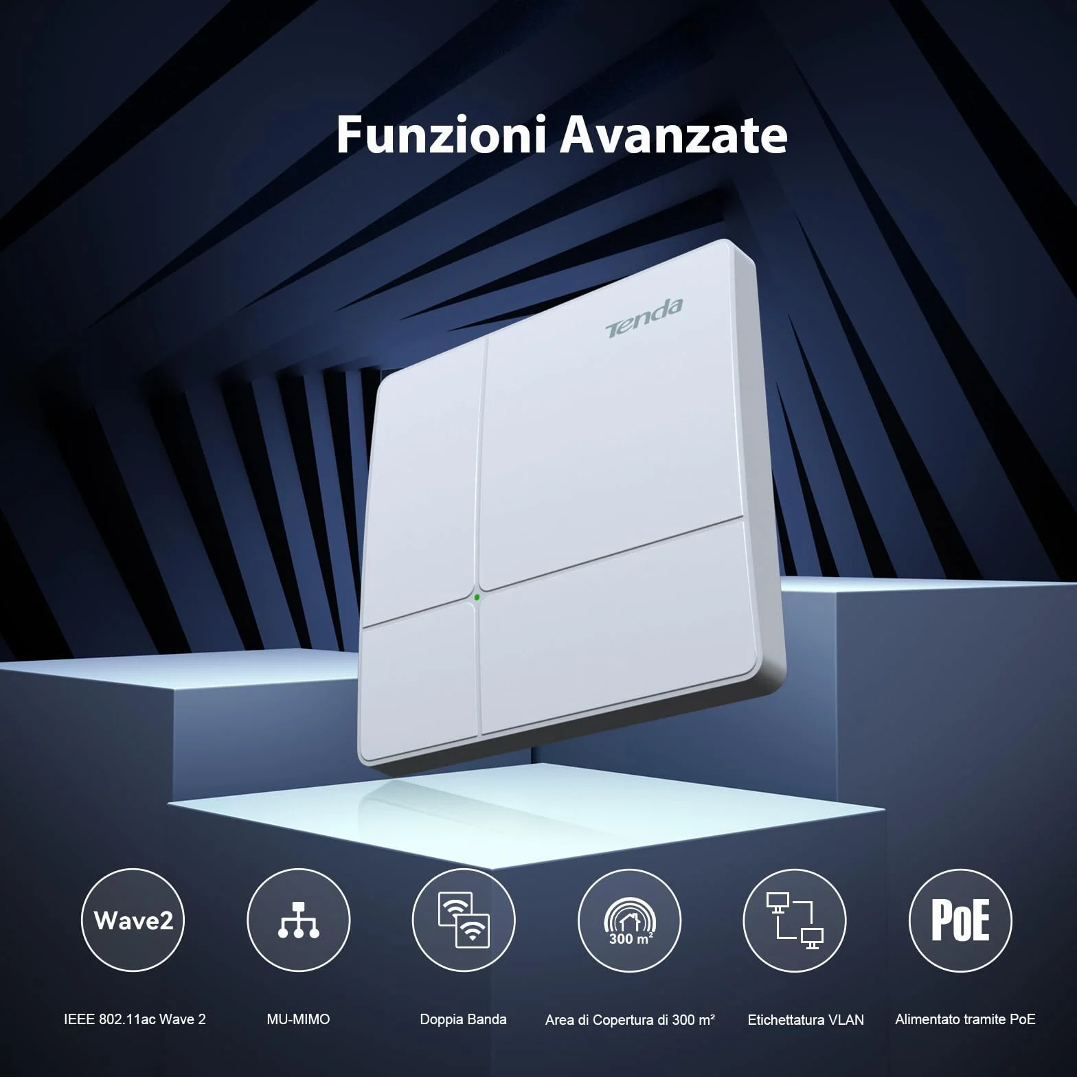 Tenda I23 AC1200 Wireless Access Point (802.11ac Dual Band, 1 Porta Gigabit, Gestibile tramite APP/Interfaccia Web, Alimentato tramite PoE+ 802.3at, Include Alimentatore) Bianco
