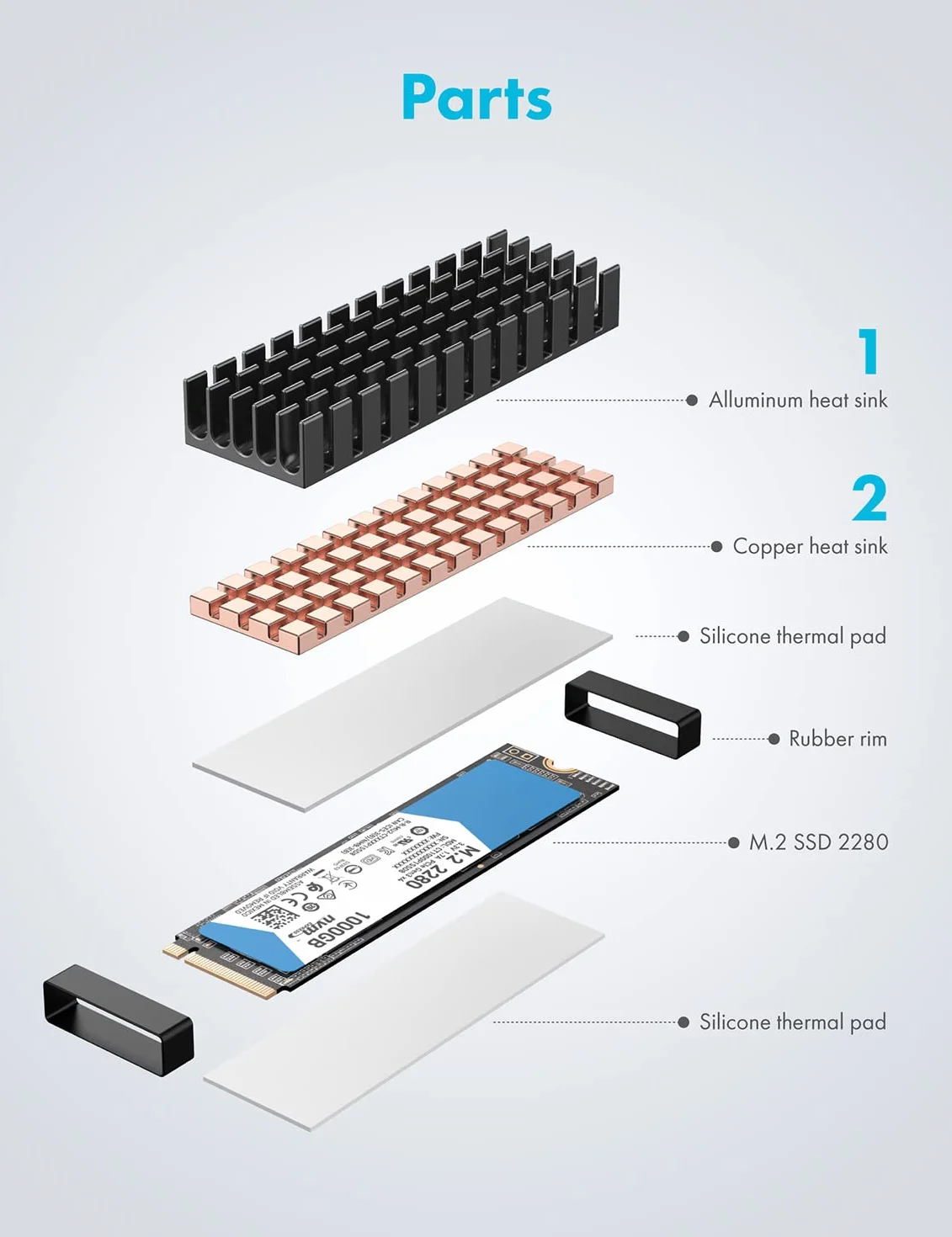 GRAUGEAR | 2x set di dissipatori di calore per M.2 NVMe SSD (2280) | passivo | 1x adatto (3mm, rame) per PlayStation®5 | 4x heatpads | alluminio | rame | G-M2HS02