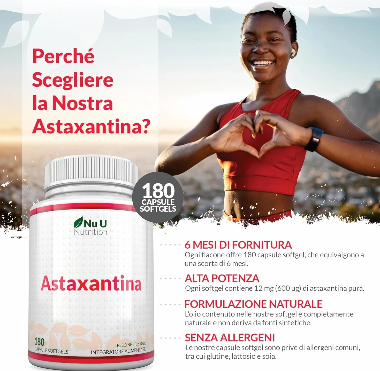 Nu U Nutrition Astaxantina Naturale 12mg 180 Capsule Softgel Integratore Antiossidante