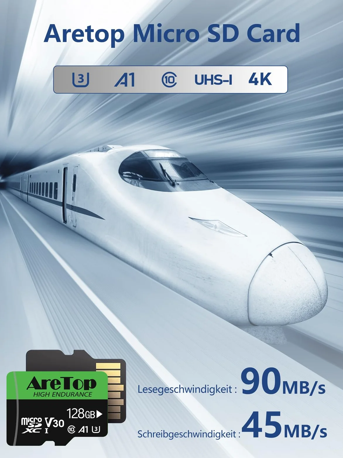 Aretop Scheda Micro SD da 128 GB, 2 pezzi, con 2 adattatori MicroSDXC, UHS-I U3 V30 A1, registrazione video Full HD Micro SD Memory Card per fotocamera/smartphone/drone/Dash Cam