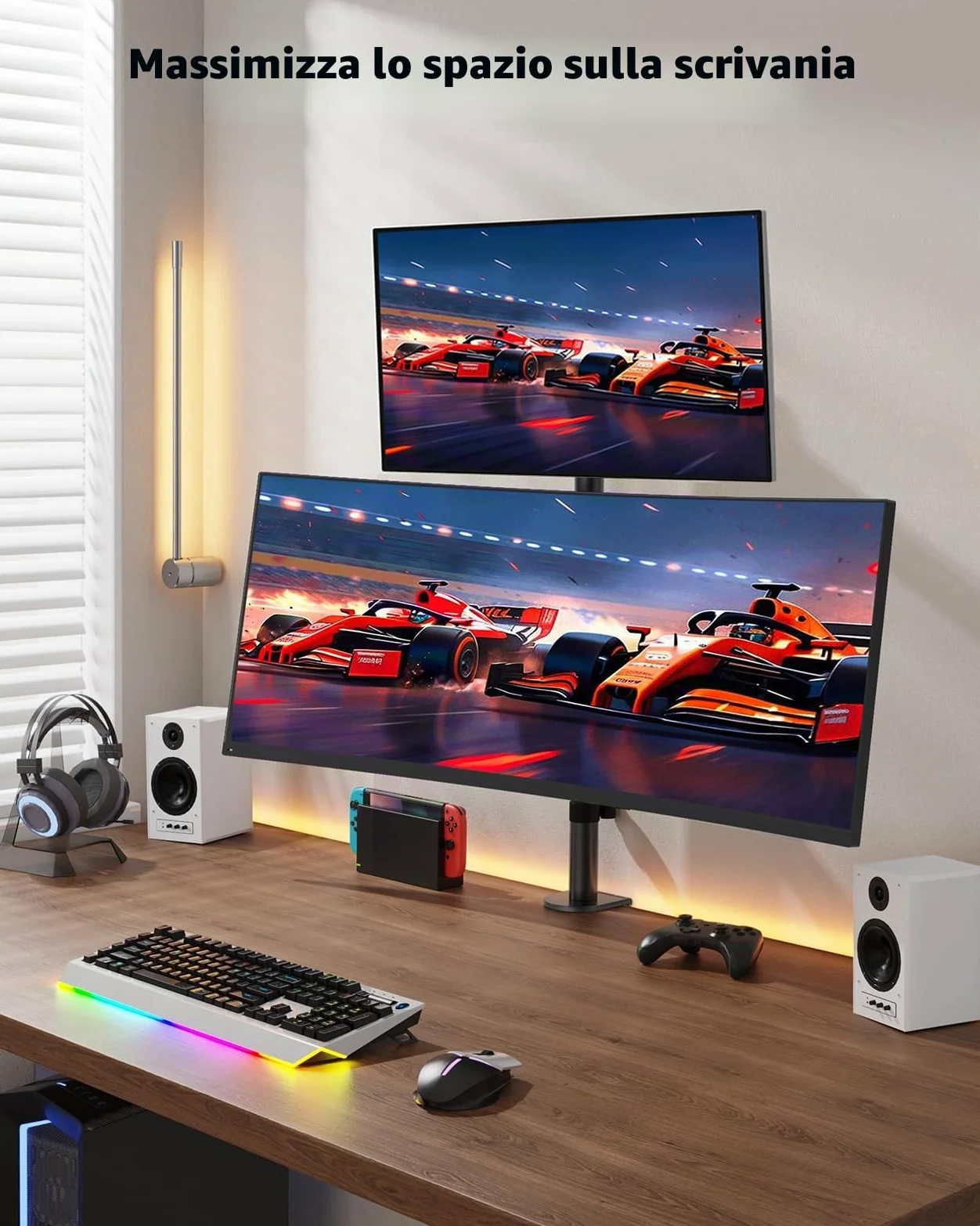 HUANUO Supporto verticale per doppio monitor, supporto per monitor impilato per 2 monitor con regolazione dell'altezza Braccio per monitor del computer supporta due da 17 a 32 pollici con morsetto a