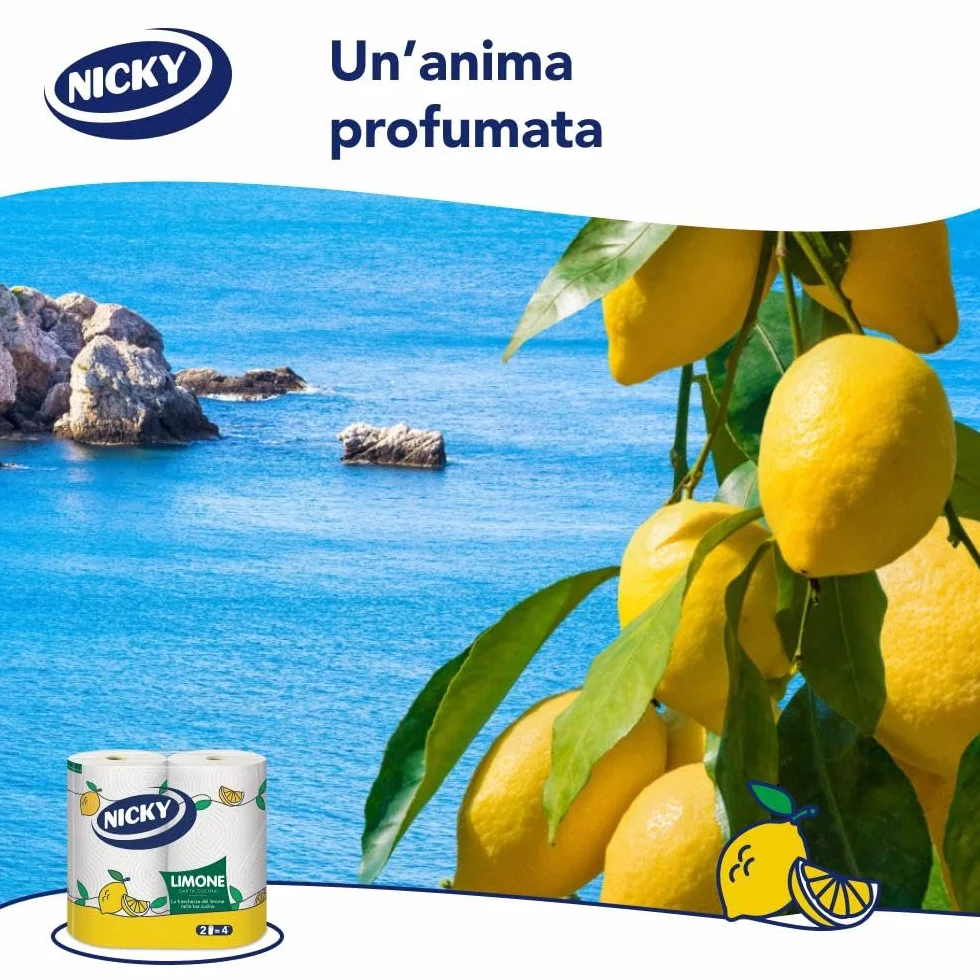 Nicky Limone Carta Cucina 2 Rotoli 100 Fogli Assorbenti 2 Veli Spessa Resistente Fresco Profumo Limone Certificata FSC