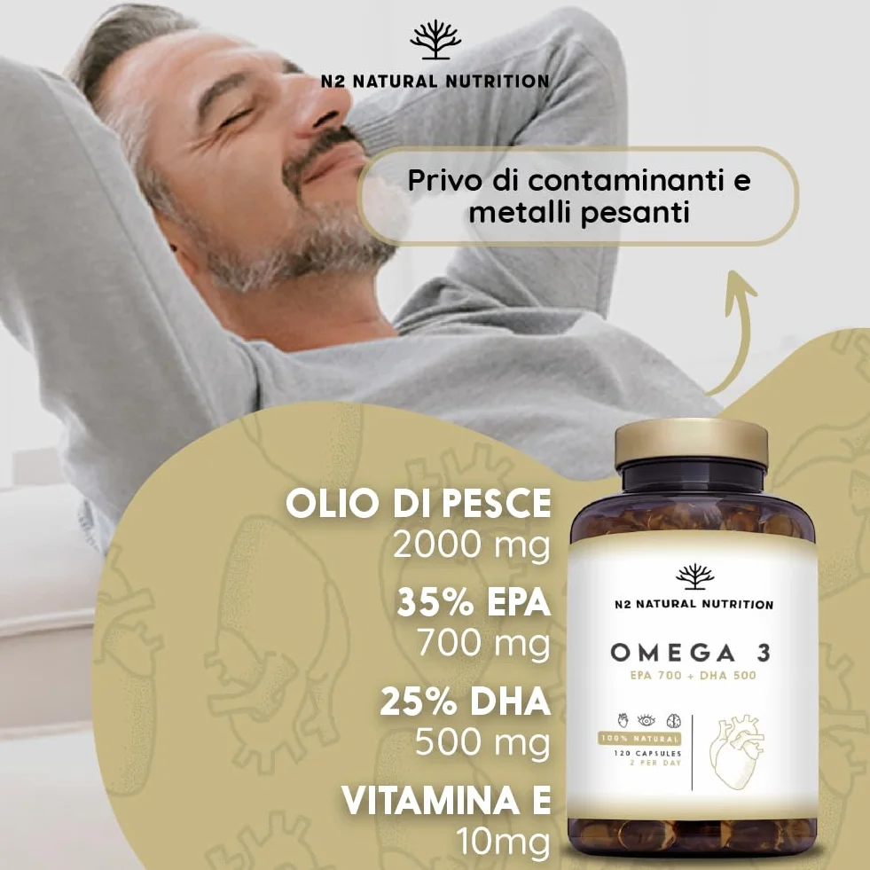 Omega 3 Olio di Pesce 2000 mg EPA 700 mg DHA 500 mg Integratore con Vitamina E 120 Softgel N2 Natural Nutrition