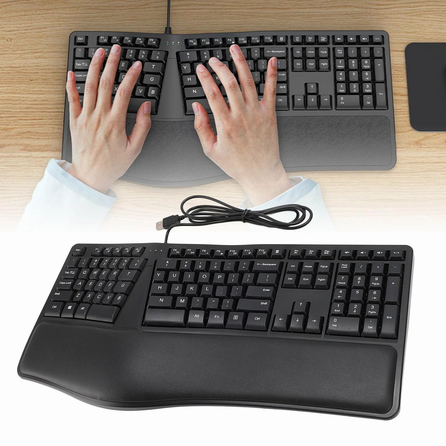 Tastiera Ergonomica Divisa con Poggiapolsi Integrato per la Massima comodità di Digitazione in Ufficio, Design a 110 Tasti Cablati Tramite USB