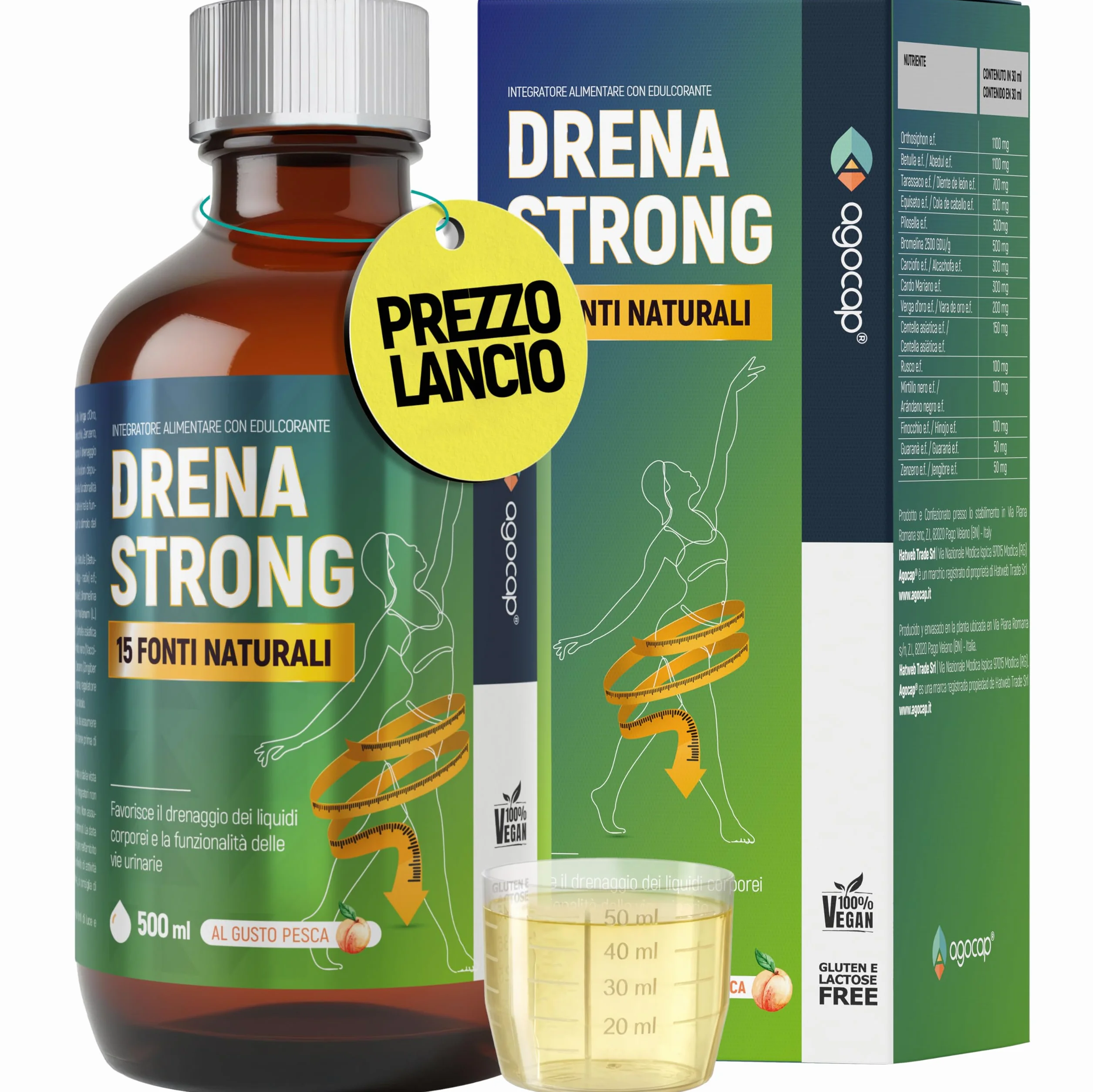 Integratore Alimentare Liquido Pilosella Tarassaco Bromelina Centella Asiatica 15 Estratti Naturali 500 ml Gusto Pesca