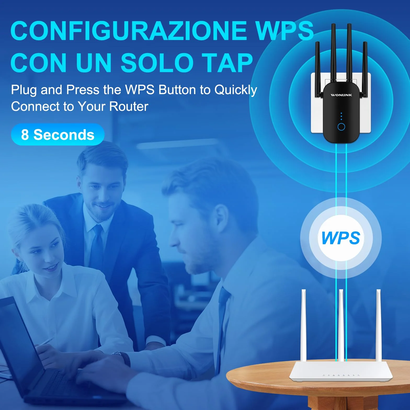 Ripetitore WiFi 1200Mbps Doppia Banda, Amplificatore Segnale WiFi con 4 Antenne, Porta Ethernet, WPS, MU-MIMO, Modalità Ripetitore/Router/AP e Indicatore di Segnale