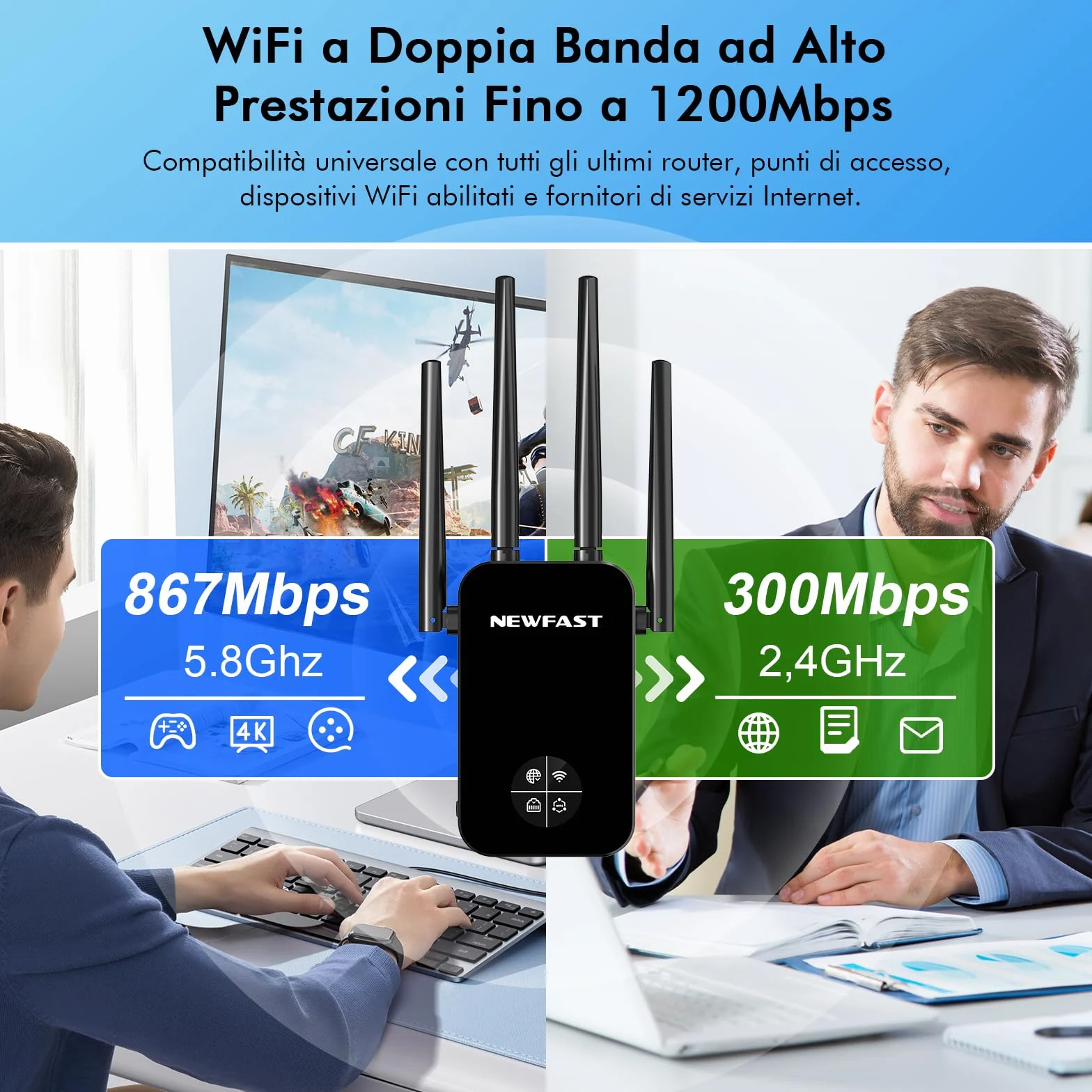 NEWFAST Ripetitore WiFi Potente per Casa, 1200Mbps WiFi Extender Dual Band 2.4GHz/5GHz con 4 Antenne ad Alto Guadagno, Porta Ethernet, WPS, Display Intelligente, Supporta 3 Modalità(Nero)