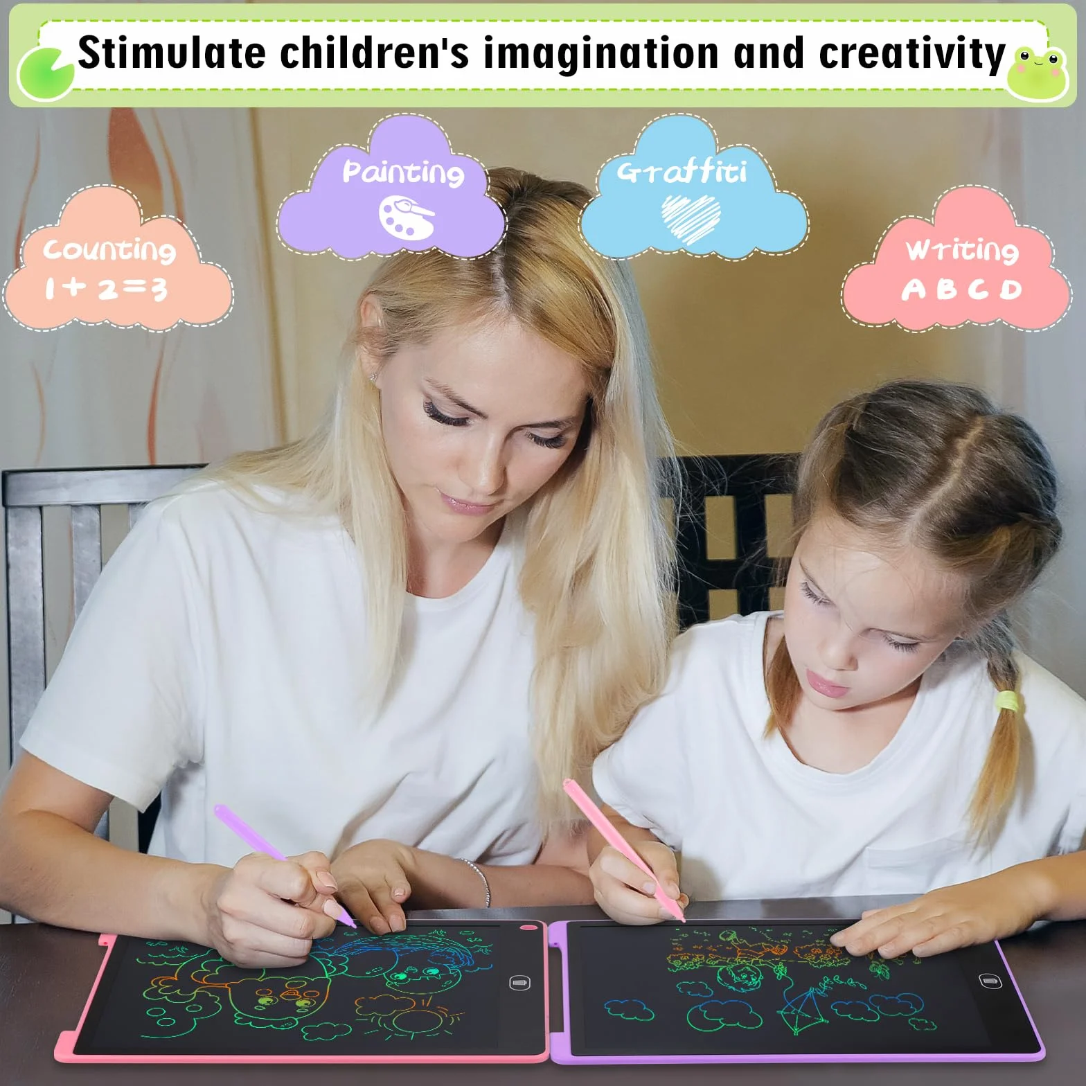 Tavoletta Grafica LCD 13 Pollici Schermo Colorato per Bambini, Taccuino Cancellabile con Adesivi Animali, Rosa e Viola, 2 Pezzi