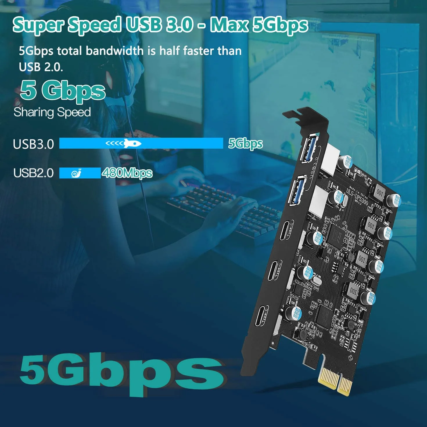 Scheda PCI Express USB 3.0, 5 Porte (3x Type-C, 2x Type-A) 5 Gbps Scheda di Espansione per Windows e Mac