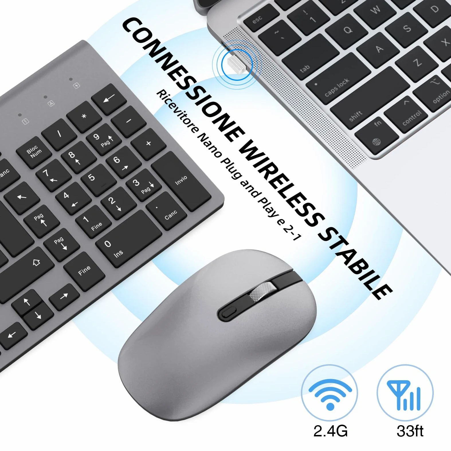 cimetech Tastiera e Mouse Wireless, Layout Italiano QWERTY, Ultra-Sottile Ergonomico Full-Size 2.4Ghz Wireless Mouse Tastiera Numerico con Ricevitore Nano per PC/Laptop/Win7/8/10（grigio）