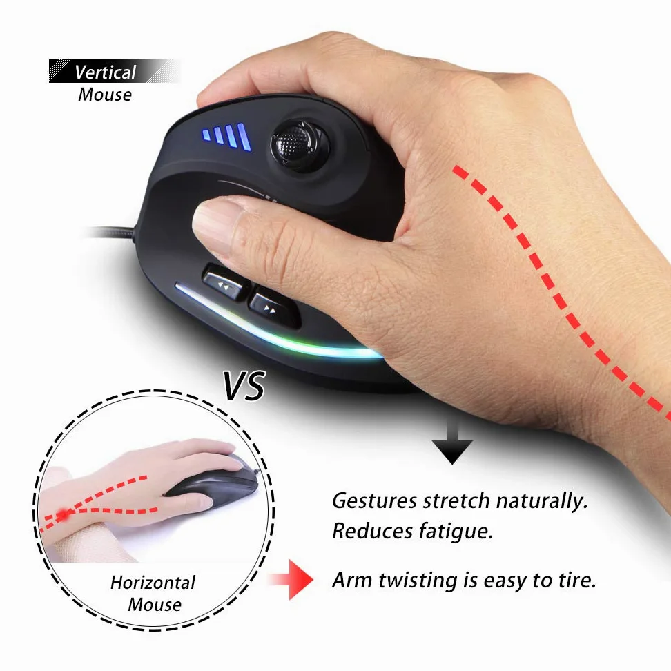 Zelotes Mouse verticale con barra di controllo, mouse ergonomico 10.000 dpi, 11 pulsanti RGB, mouse da gioco cablato ottico per computer portatile, PC, nero