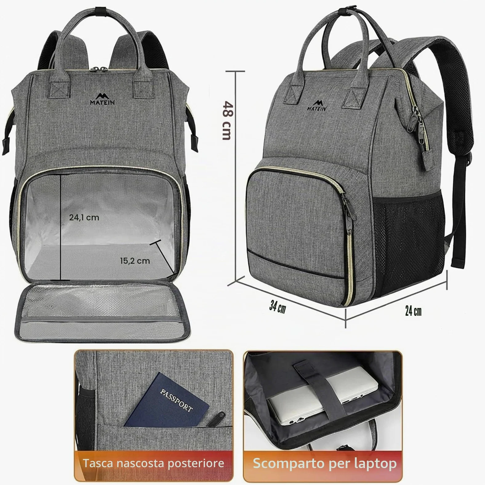 MATEIN Zaino Lavoro Donna con Porta Pranzo, Grande Zaino per PC 17 Pollici | Capiente Zaino Università Donna con Scomparto Termico, Tasca Antifurto, per Ufficio, Scuola, Viaggio, Trekking, Picnic, Nero