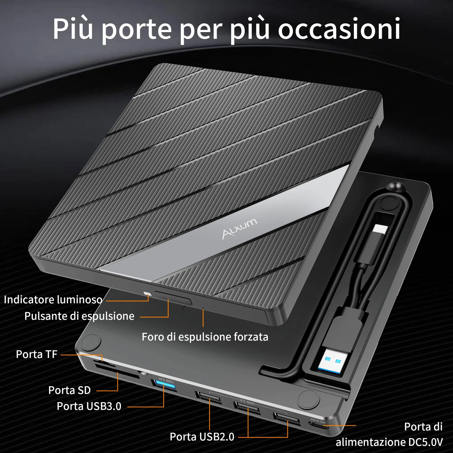 Alxum Unità DVD Esterna per Computer Portatile CD/DVD con Lettore di Schede SD&TF e porte USB 2.0 USB 3.0, Disco CD Esterno USB e USB C per Laptop, Desktop, MacBook, Windows, Linux, Mac OS, Vista