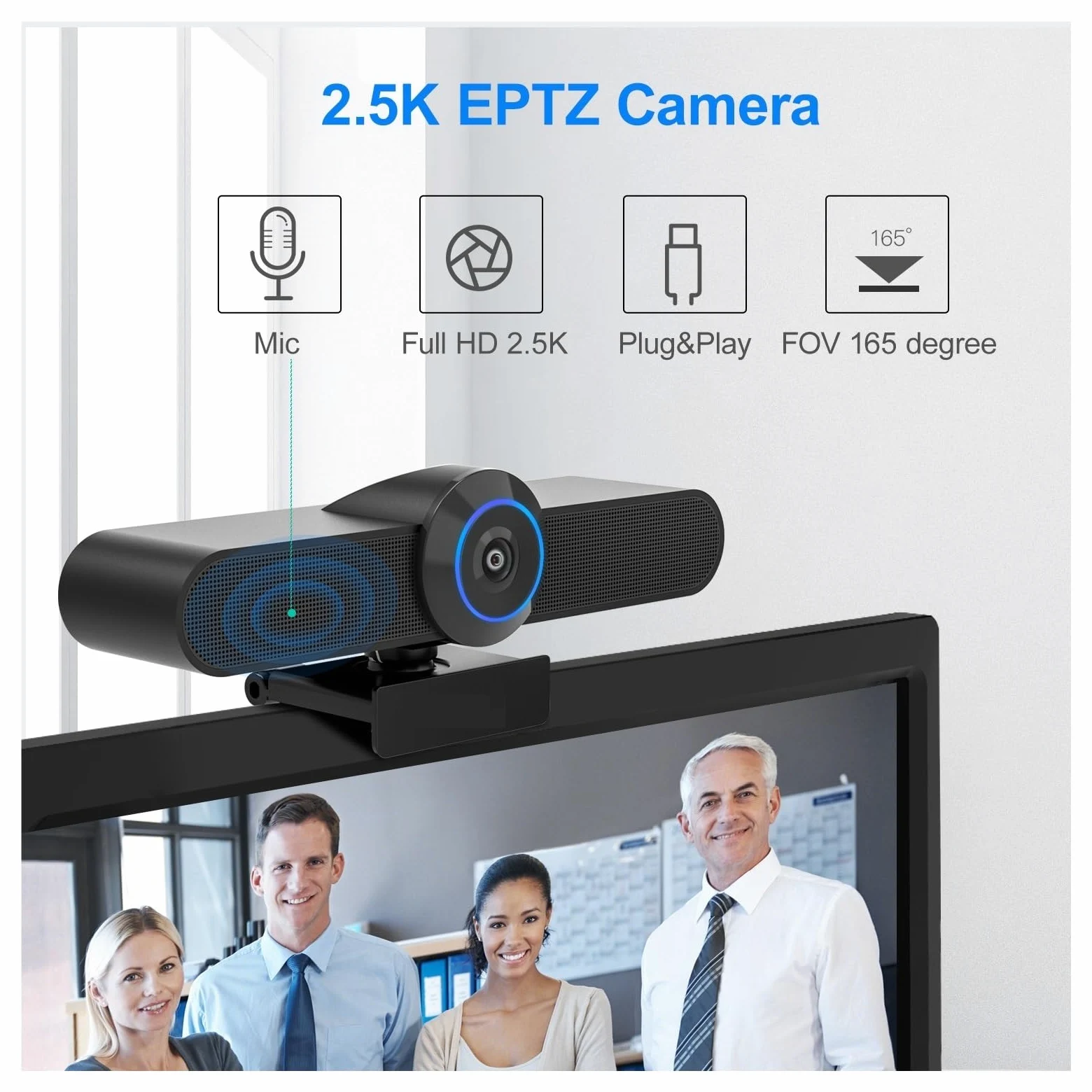 Webcam USB da 2,5 K con videocamera for conferenze con Zoom Digitale 4X 165 Gradi FOV 3 preimpostazioni for PC, TV e riunioni di Formazione