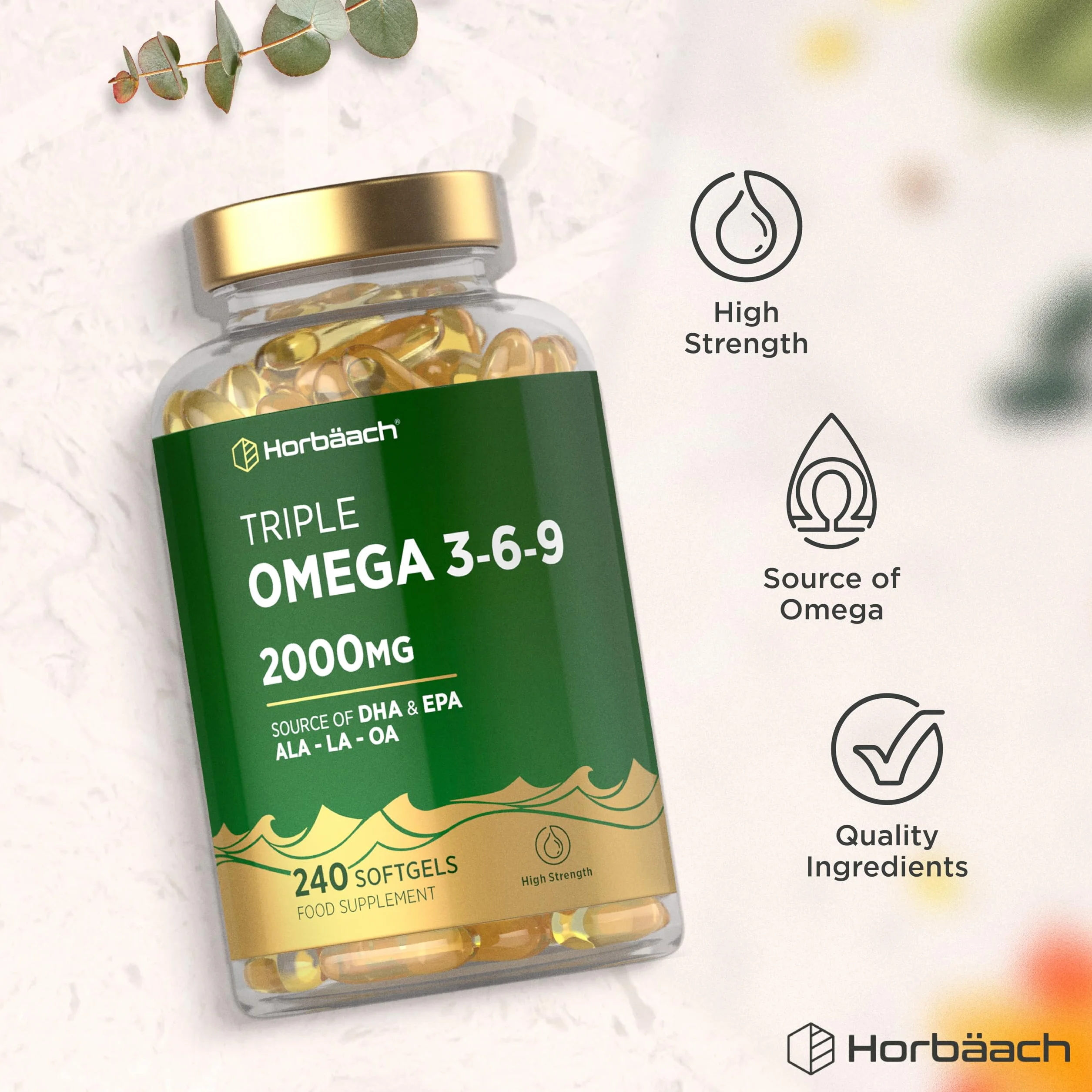 Horbaach Omega 3 6 9 2000mg 240 Vegano Softgels Alto Dosaggio DHA EPA Olio di Pesce e Lino