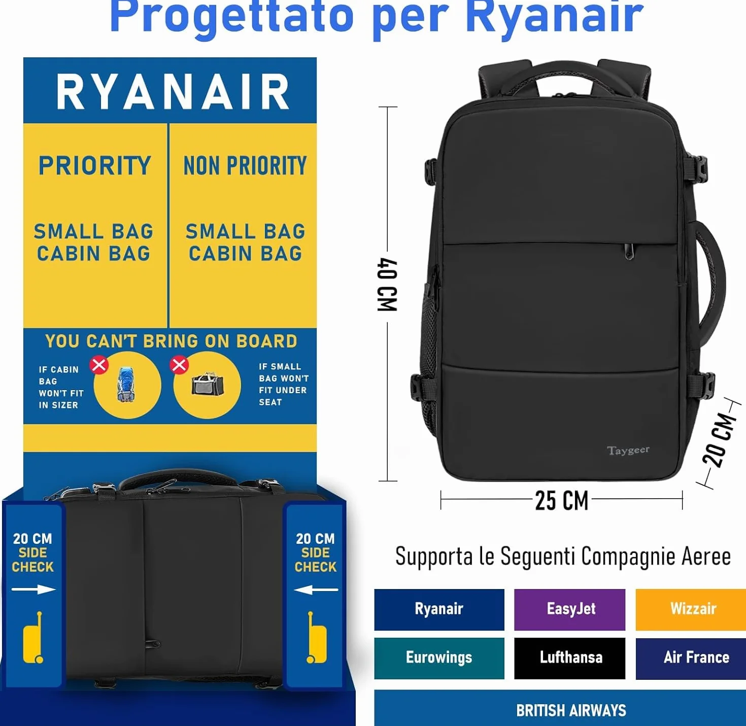 Taygeer Zaino 40x30x20 per Ryanair e Wizzair, Zaino da Viaggio Aereo Bagaglio a Mano Piccolo con Portascarpe, Borse da Cabina Uomo Donna Impermeabile Zaini Porta PC 14 Pollici per Scuola Lavoro, Nero