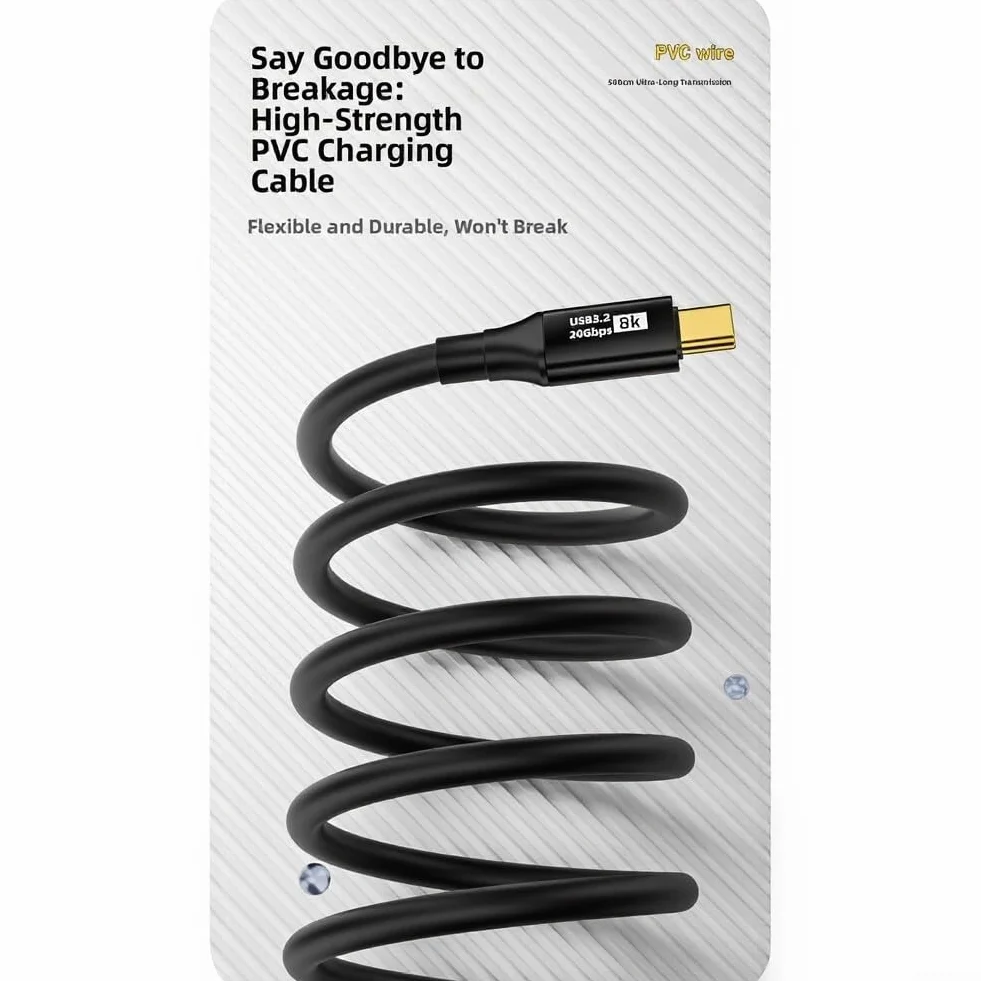 Cavo di ricarica USB C in nylon, 5 m, robusto per telefono cellulare (5 m (due pezzi)) | Ricarica rapida da 100 W, trasferimento dati da 20 Gbps, portata di 5 m, materiale in PVC, nero