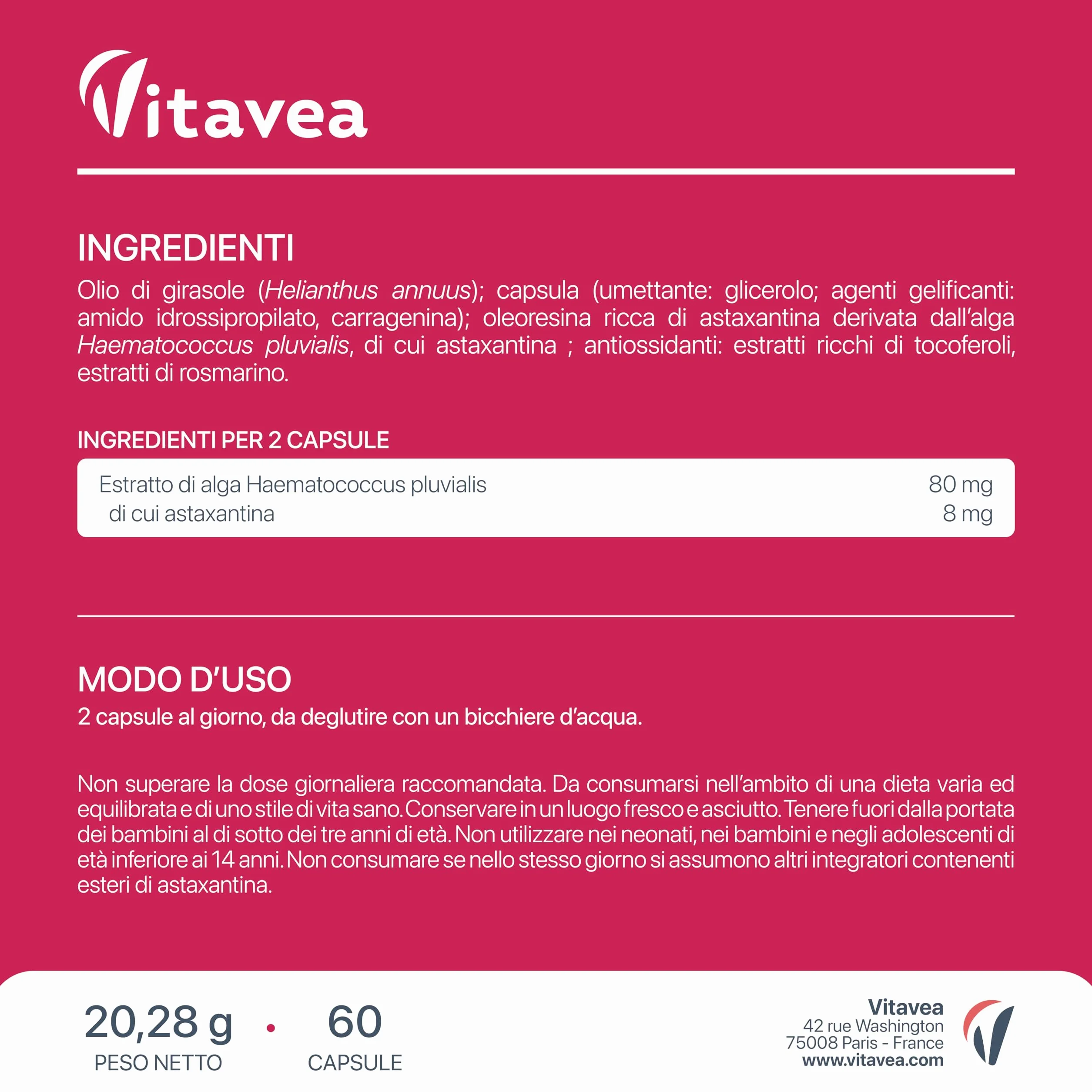 Astaxantina 80 mg Estratto Haematococcus Pluvialis 8 mg Antiossidante Naturale 60 Capsule Vegan Vitavea
