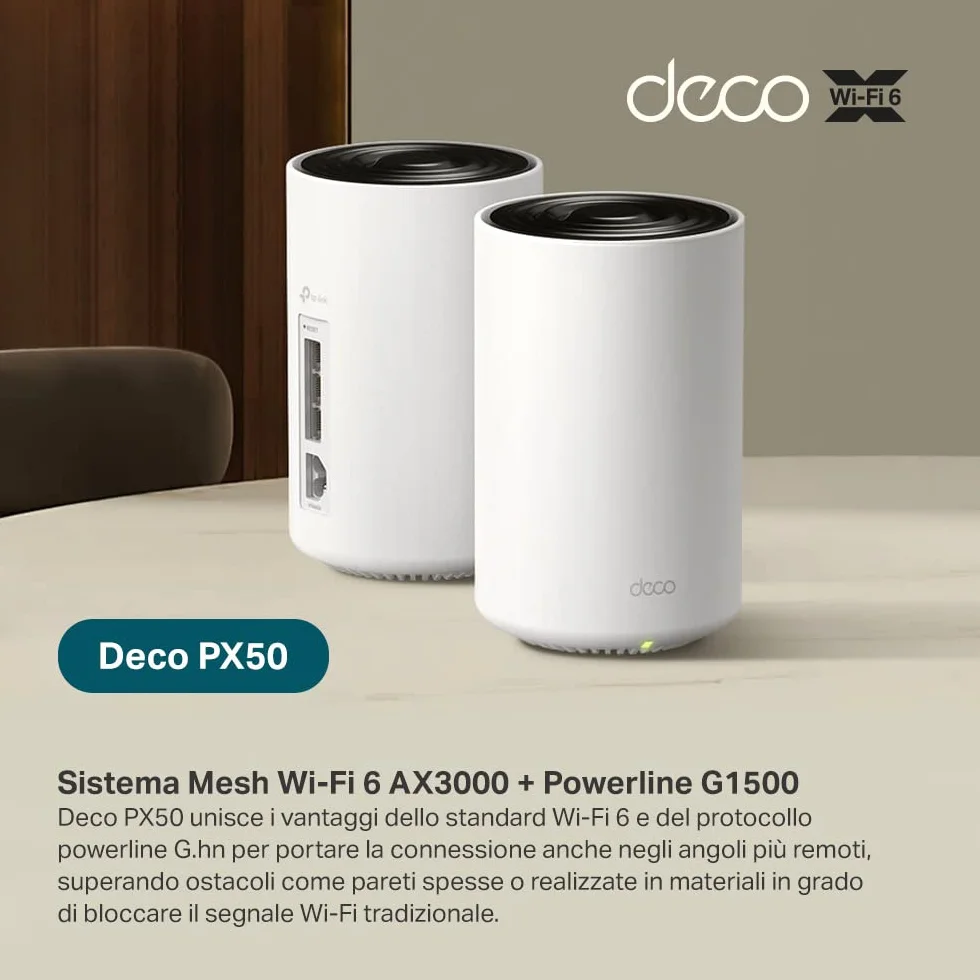 TP-Link Set mesh WLAN Deco PX50 Powerline (pacchetto di 3), Wi-Fi 6 dual-band AX3000+ G.hn G1500, portata fino a 600 m², ideale per ambienti di grandi dimensioni e pareti spesse, WPA3, bianco