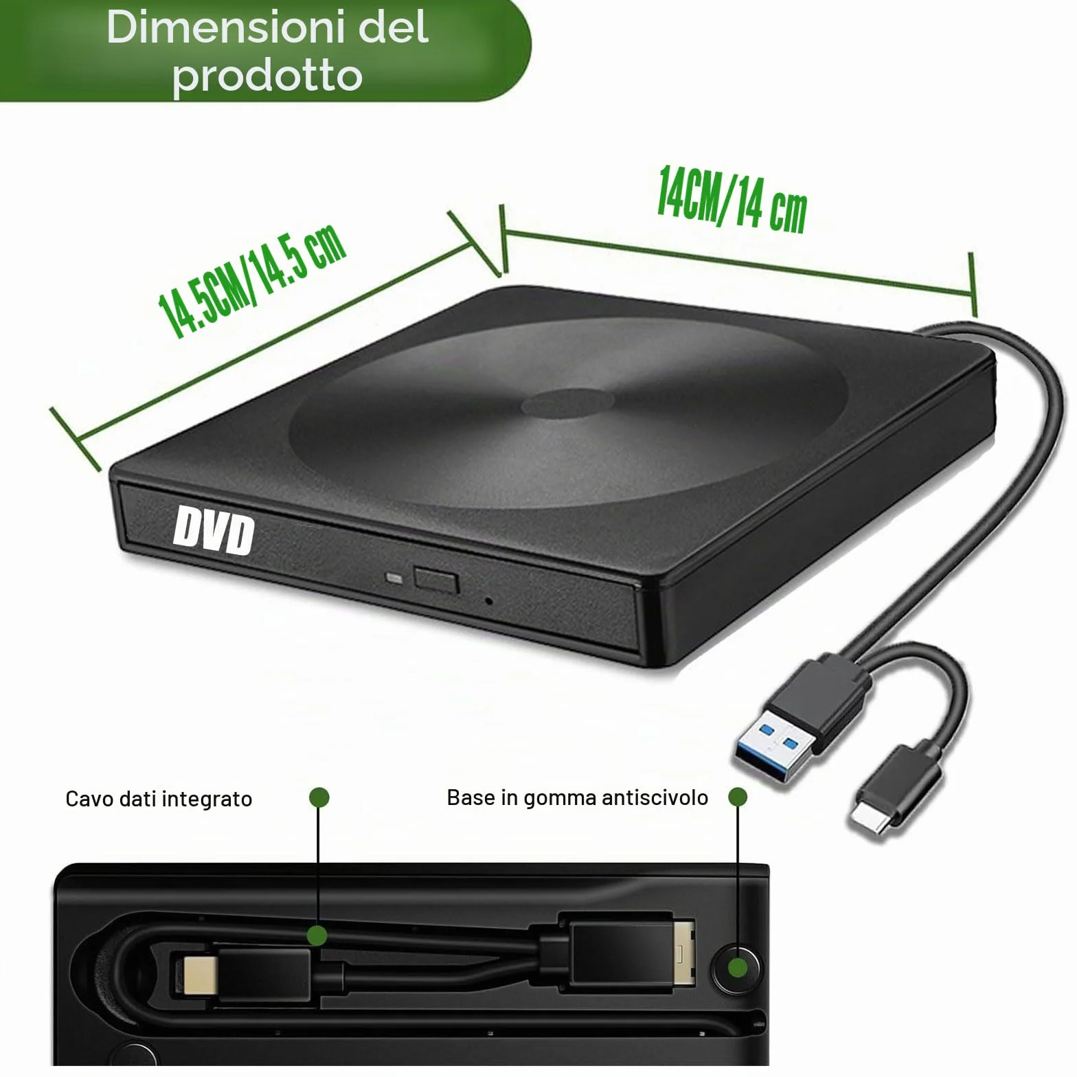 GERUI Unità DVD esterna, masterizzatore CD DVD Player USB 3.0 Type-C Writer DVD/CD +/-RW CD Drive per PC Laptop Desktop con Mac/OS//Linux/Win11/Win10/Win8/XP