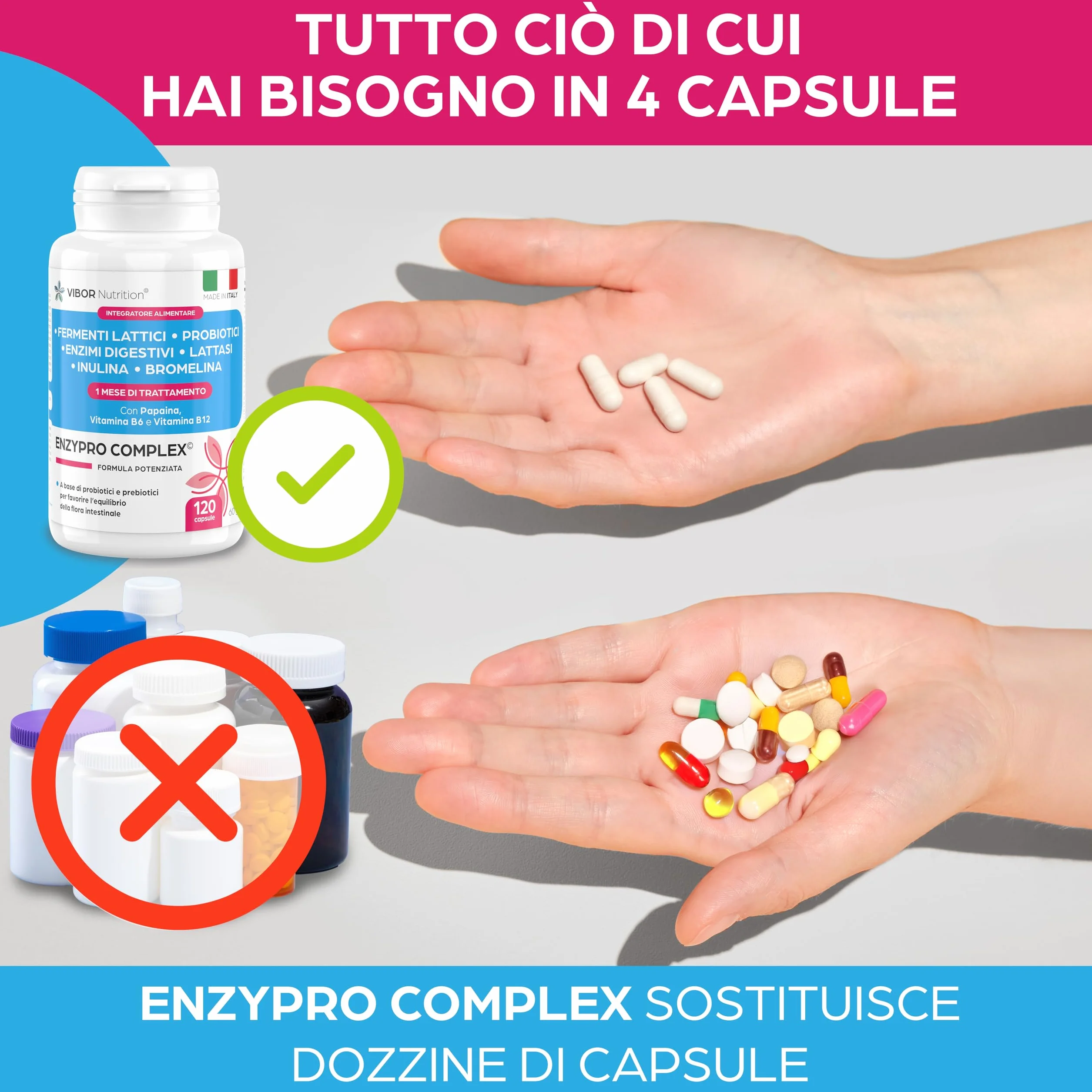 Vibor 120 Cps Enzypro Complex 3 in 1, Fermenti Lattici Probiotici E Prebiotici Per Intestino + Enzimi Digestivi Bromelina Plus Forte Drenante, Lattasi, Inulina, Riduce Il Gonfiore Addominale, Per Adulti