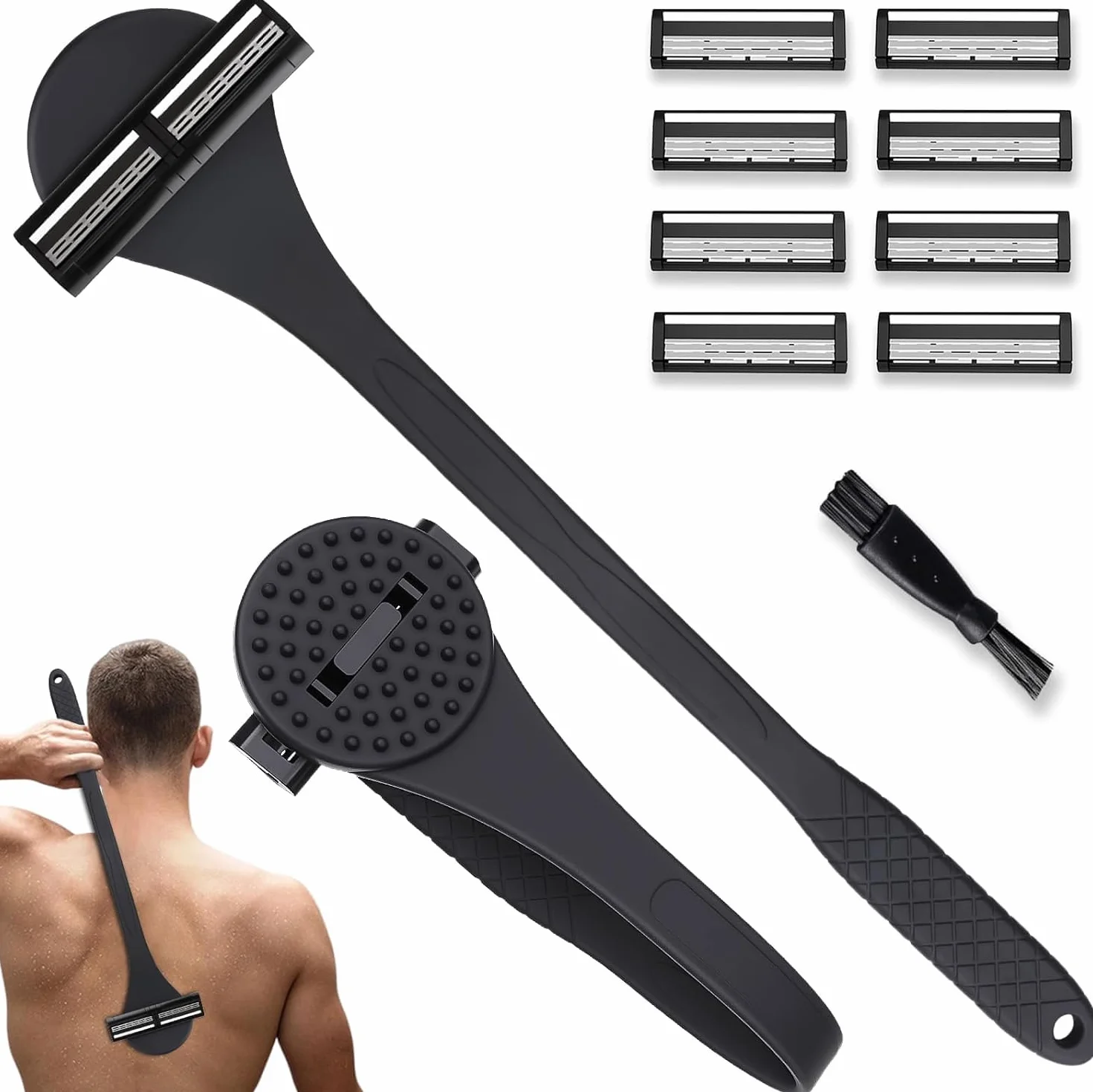 SmartB Rasoio Posteriore 2 in 1 Acciaio Inox Manico Pieghevole Bagnato/Asciutto Nero con 8 Lame di Ricambio