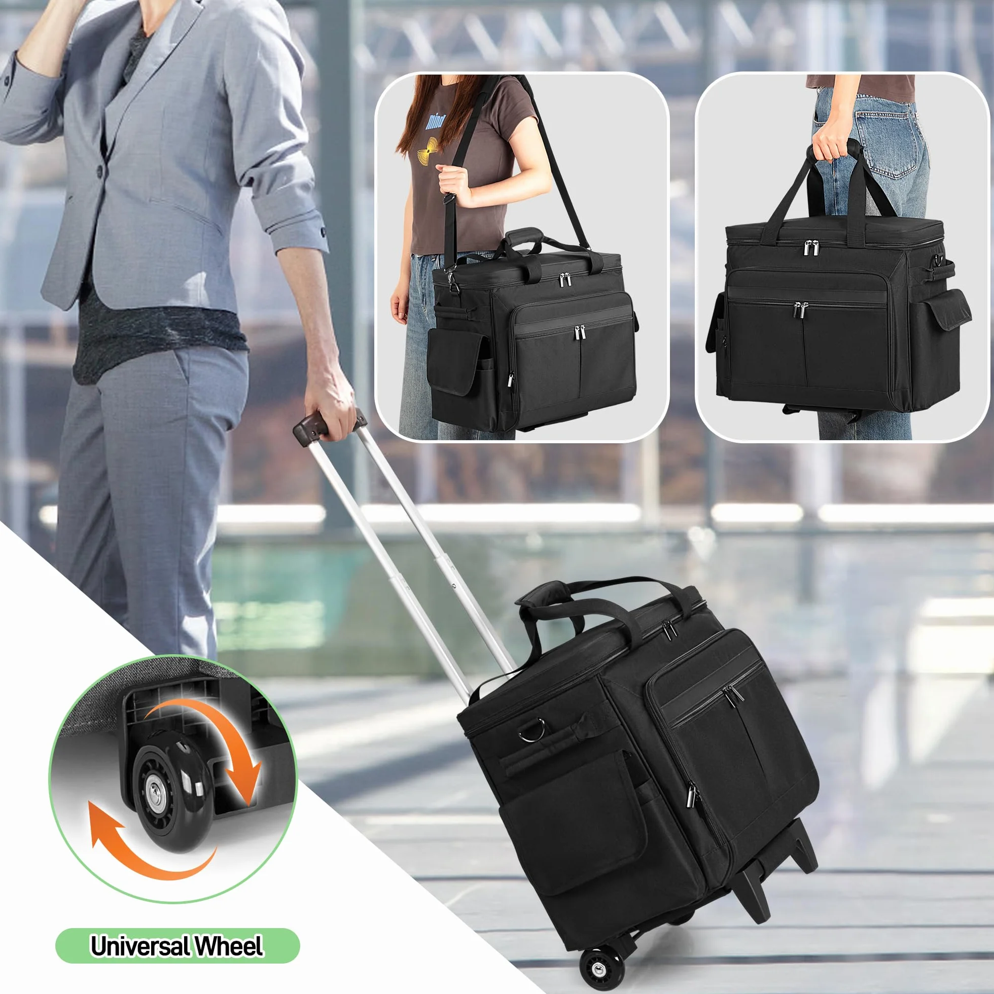 Borsa per Insegnanti con Rotelle Trunab, Trolley Staccabile, Tasca Portadocumenti Espandibile, per Laptop 15,6 Pollici, Nero