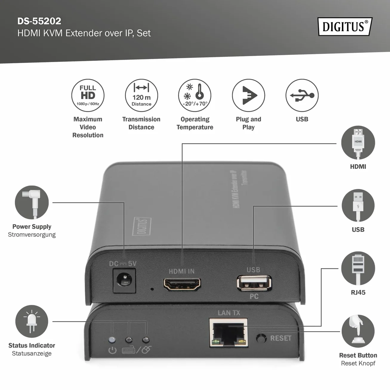 DIGITUS DS-55202 Estensore KVM HDMI - Full HD 1080p 60 Hz - 120 m via cavo LAN / illimitato via Ethernet (abilitato IP) - Set: Trasmettitore e ricevitore - HDMI 1.3 e HDCP 1.2