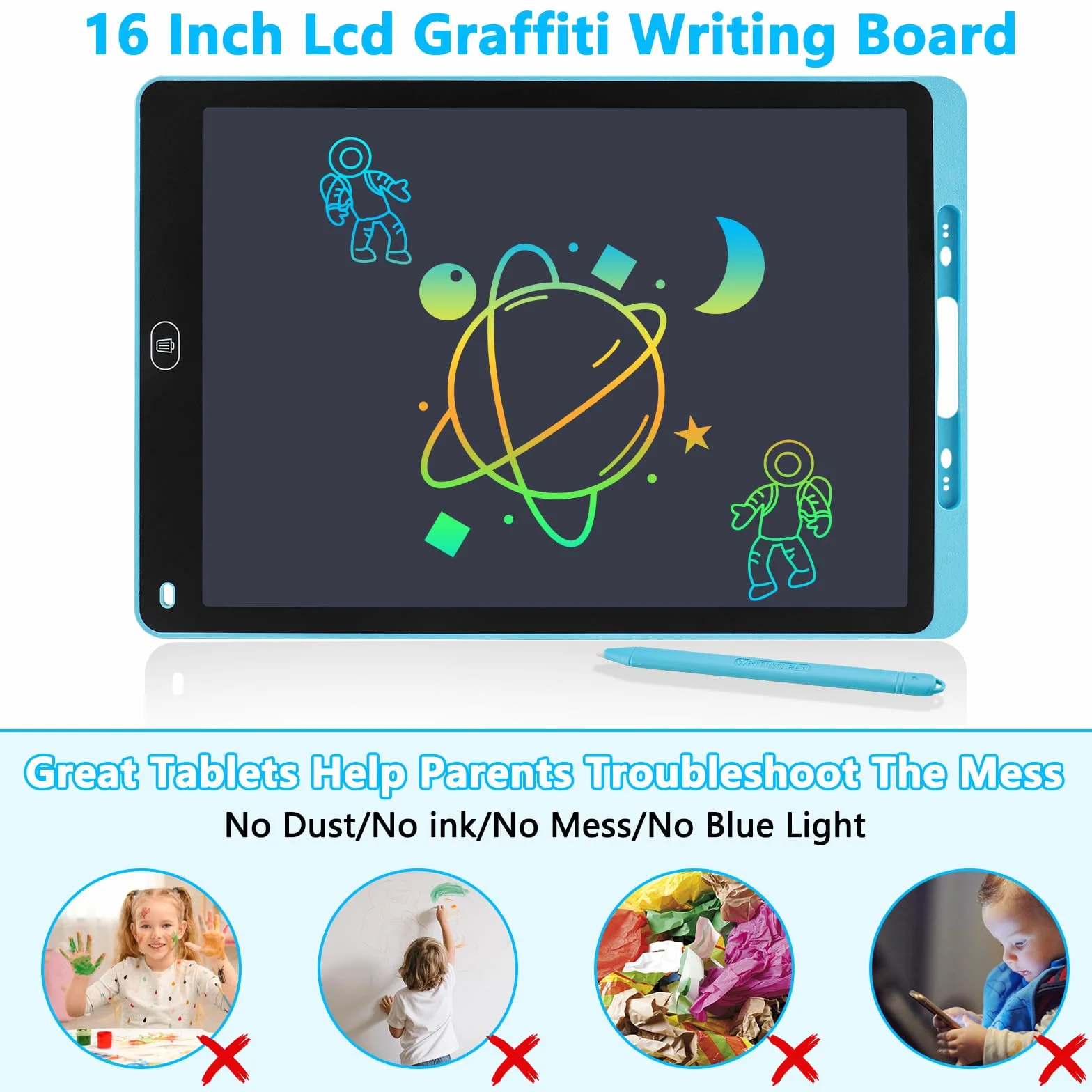 Tavoletta Grafica Bambini 16 Pollici LCD Lavagna Magnetica Cancellabile Display Colorato Giocattoli Educativi 3-12 Anni Blu