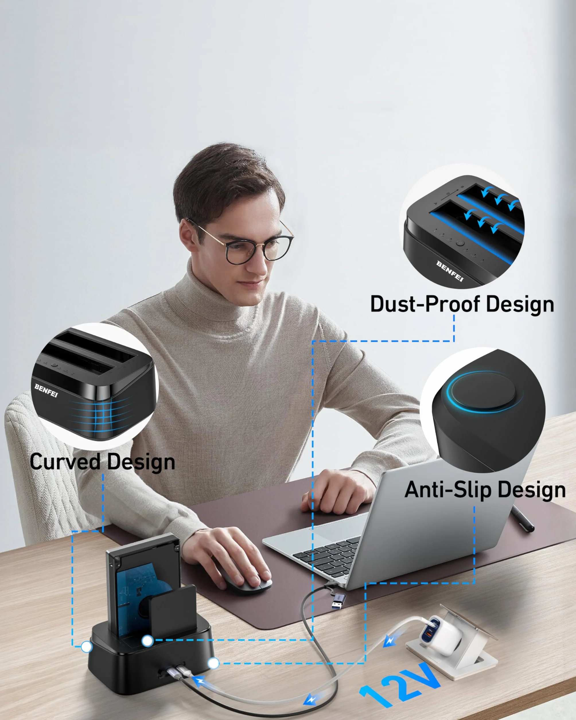 BENFEI Docking station per dischi rigidi con clonazione offline UASP, dock a doppio alloggiamento USB-C per HDD e SSD da 2,5/3,5", 5 Gbps