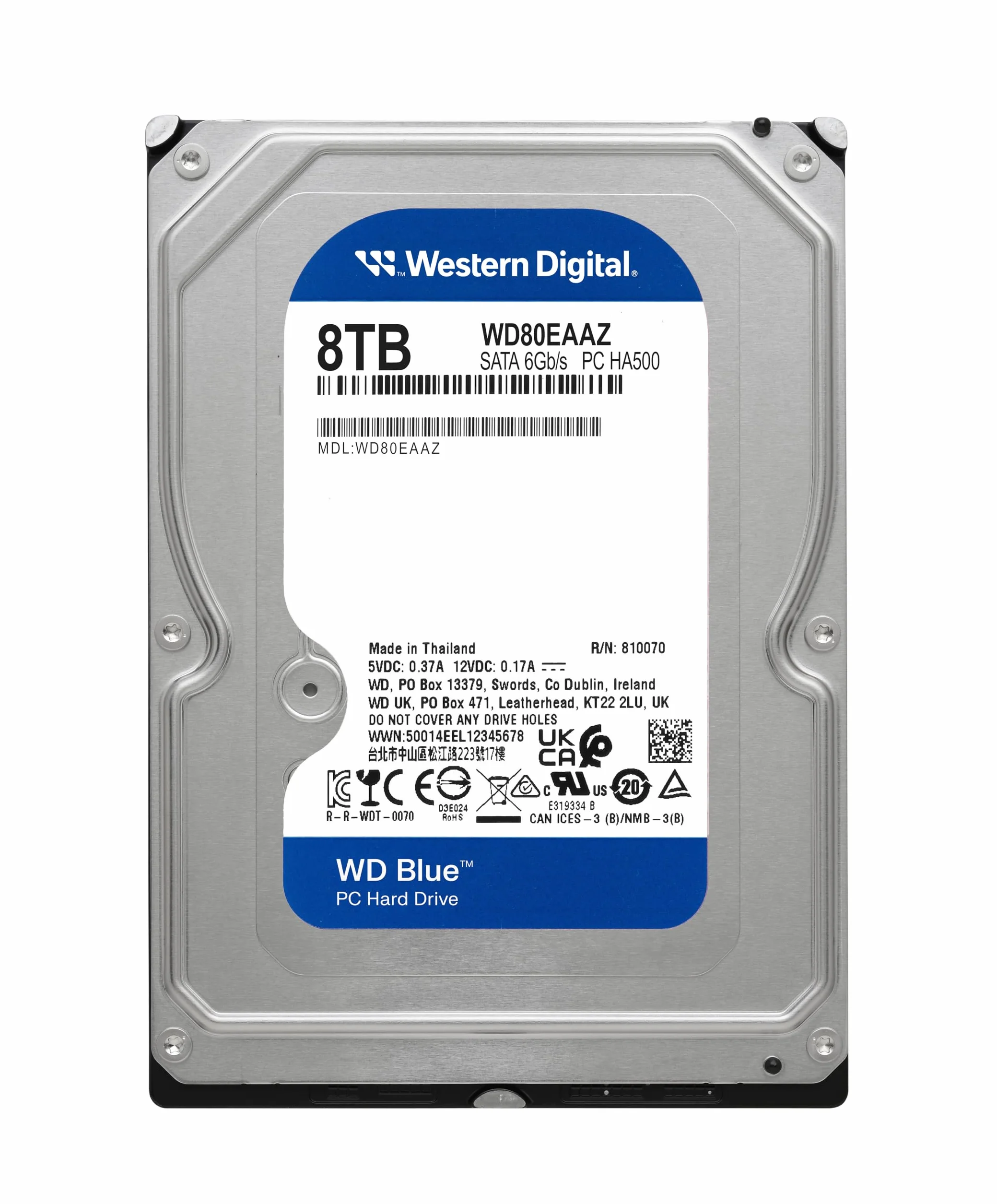 WD Blue 8TB per Desktop, Hard Disk Interno 3,5” - 5640 RPM, SATA 6 GB/s, Cache da 256 MB