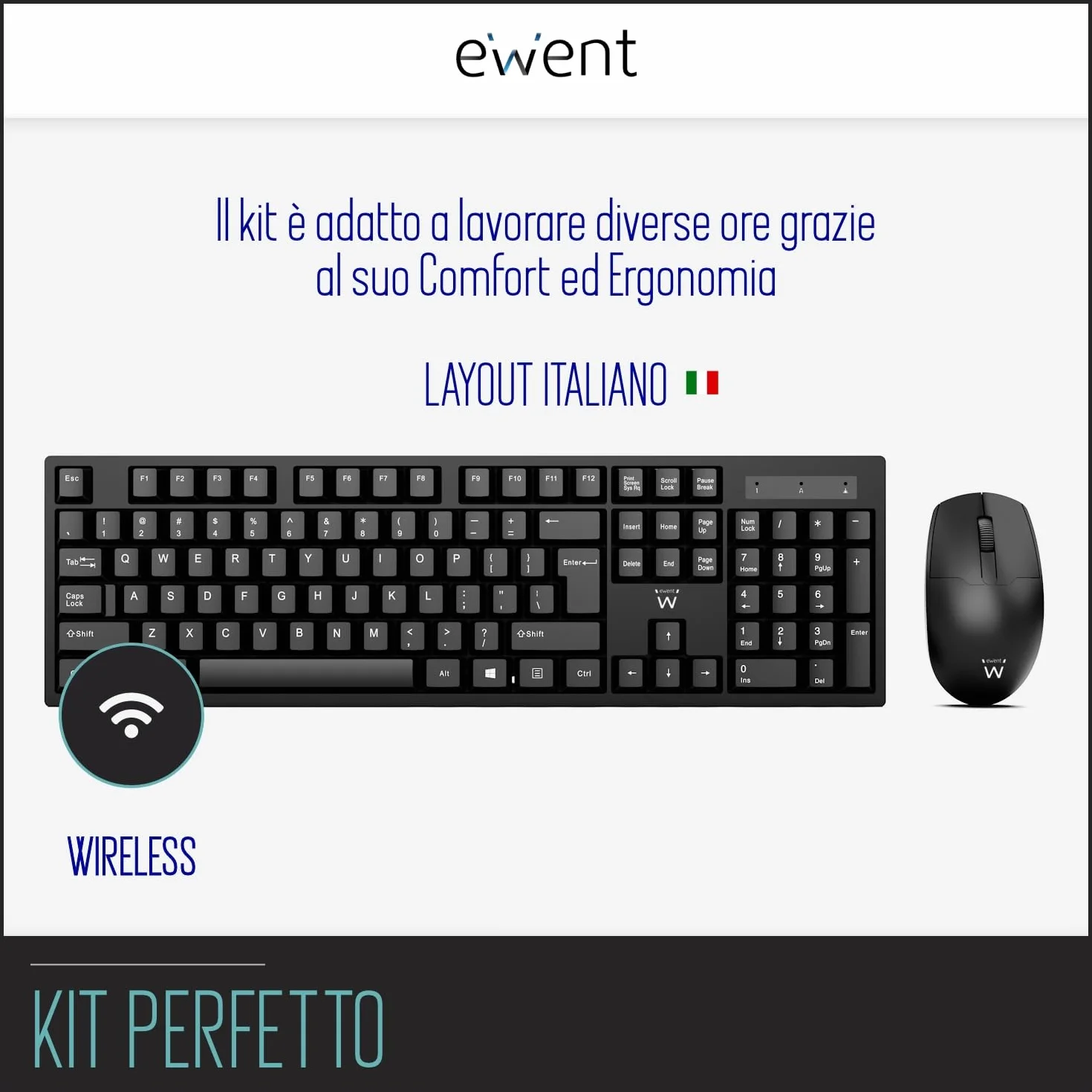 Tastiera Wireless Italiana QWERTY Full-Size con Tastierino Numerico, Silenziosa per PC Laptop Home Office