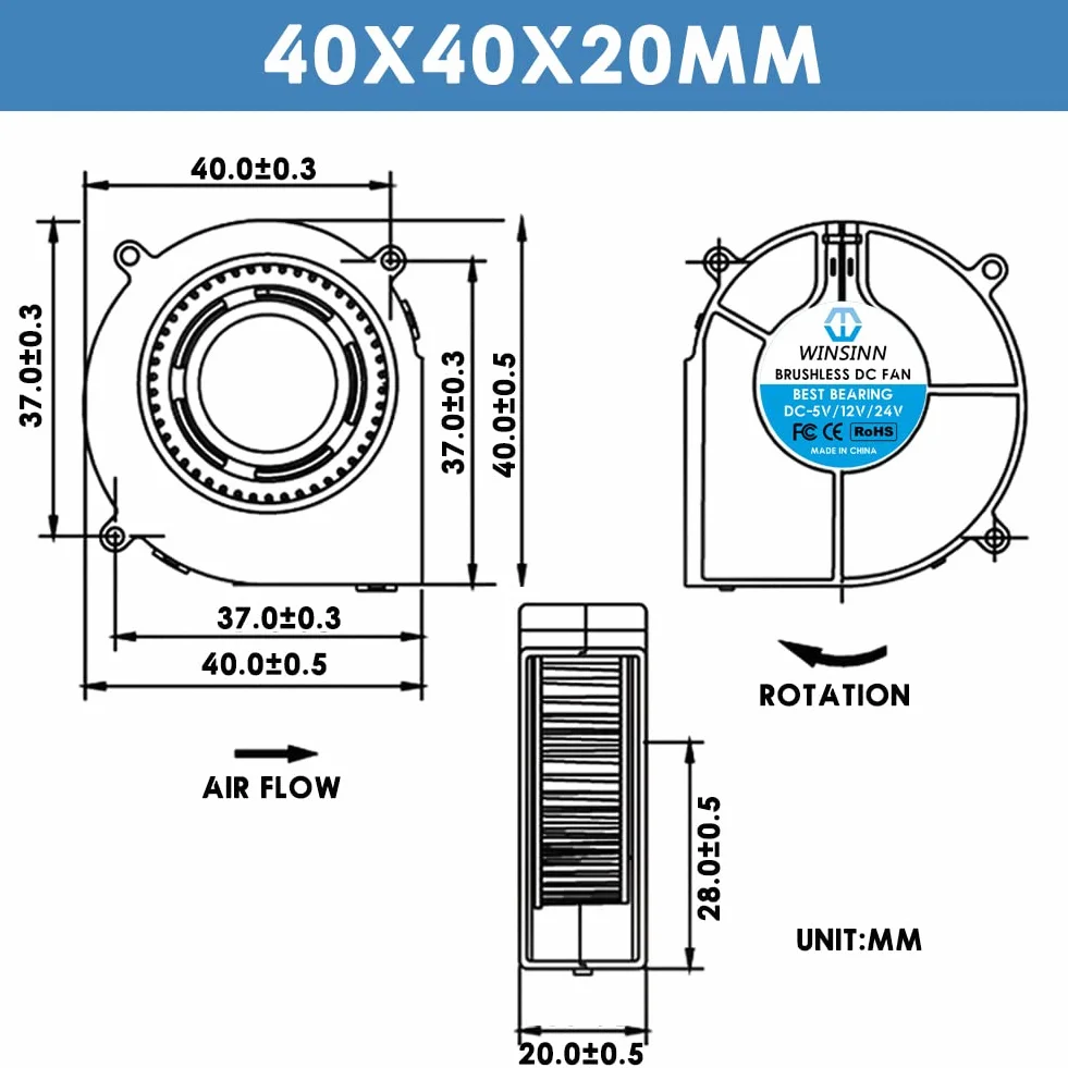 WINSINN Ventola 40 mm 5V 4020 40 x 20 mm turbina turbo brushless raffreddamento