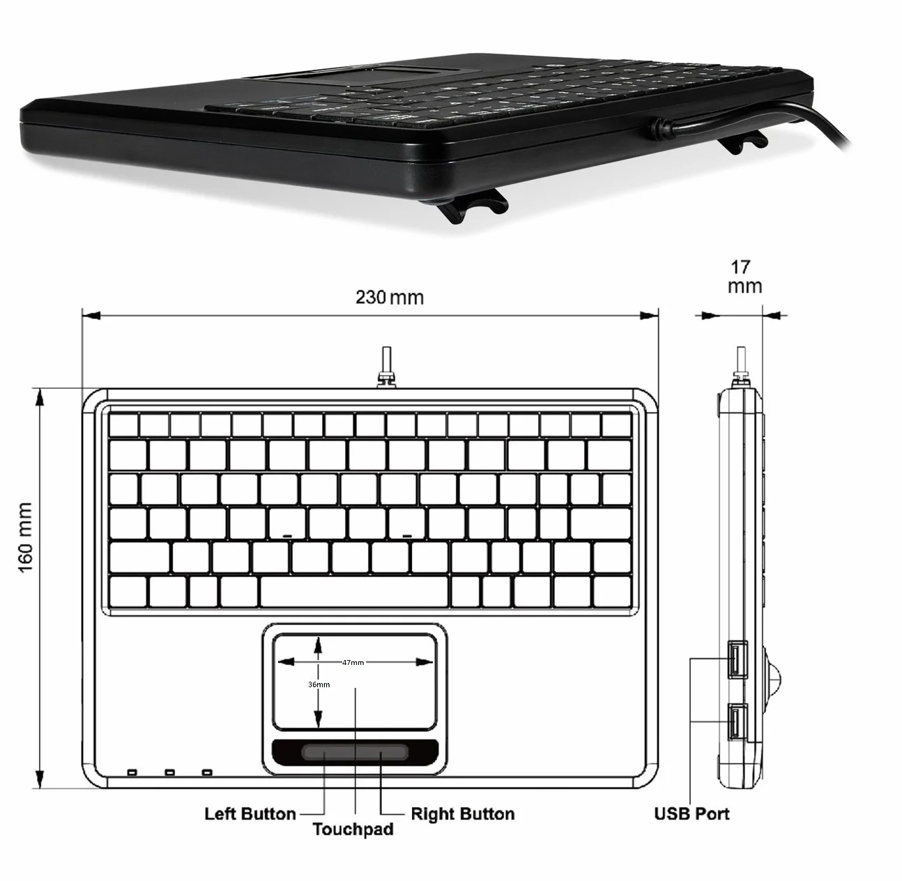 Perixx PERIBOARD-510H Plus Mini Tastiera USB con Touchpad e 2 Porte USB, Tasti silenziosi, Layout Italiano
