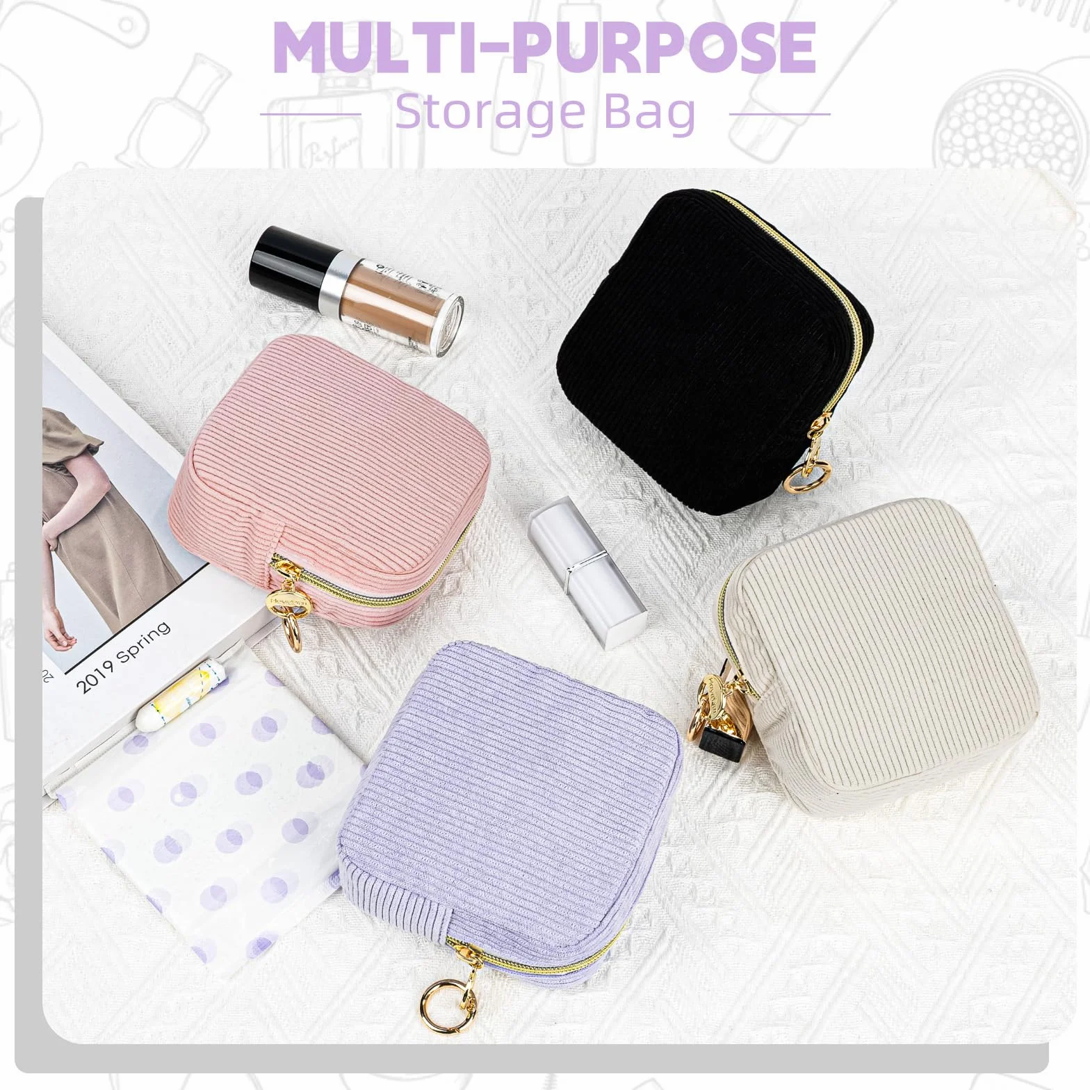 Porta Assorbenti da Borsa Sacchetti di Tela per Mestruale con Cerniera Piccolo Pochette Porta Trucchi da Viaggio Borsa Assorbenti Tampons Per Donna Ragazza Regalo(Beige)
