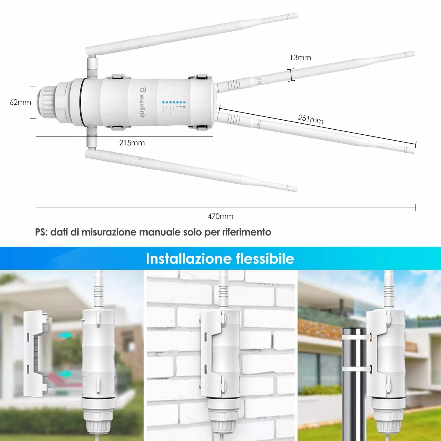 Wavlink AC1200 Ripetitore WiFi Extender Potente/Amplificatore WiFi PoE Passivo Sostenere POE/Dual Band 2.4+5GHz/4 Antenna WiFi Lunga Distanza(Porta LAN Gigabit PoE)…, WN572HP3